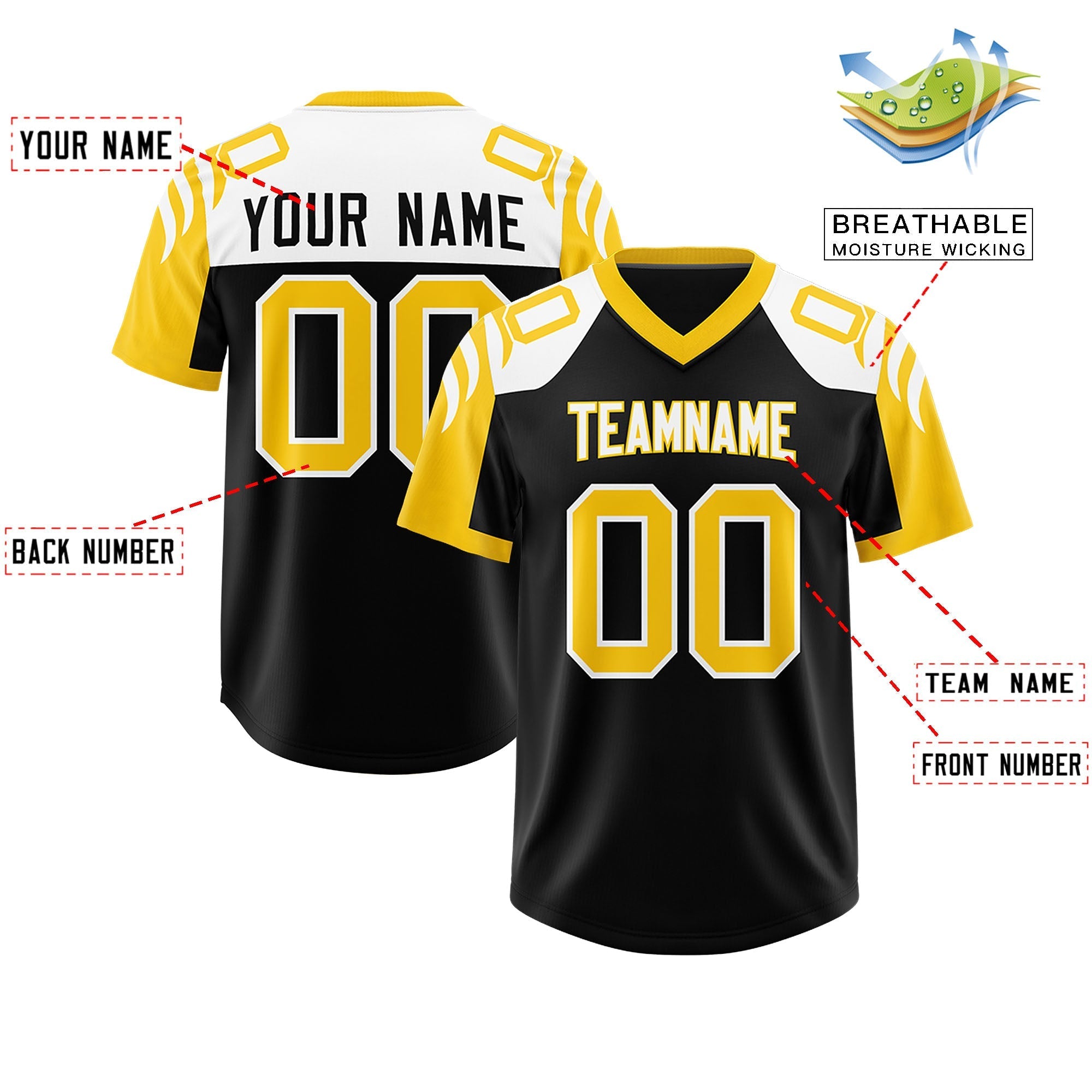 Custom Black Gold Raglan Sleeves Personalized Pattern Authentic American Football Jersey
