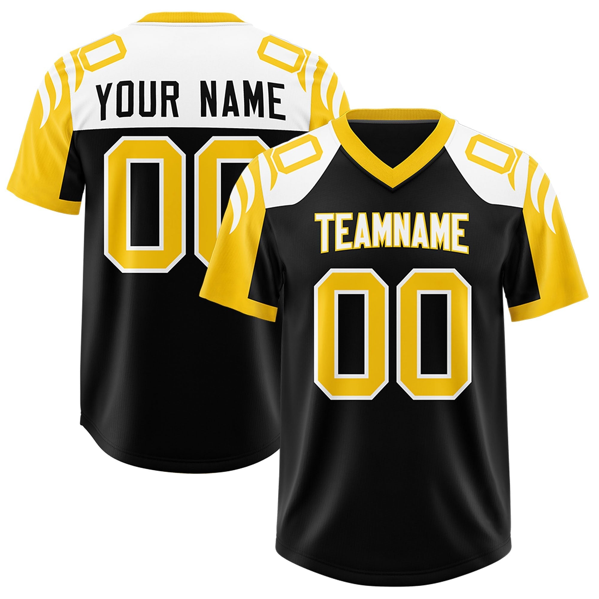 Custom Black Gold Raglan Sleeves Personalized Pattern Authentic American Football Jersey