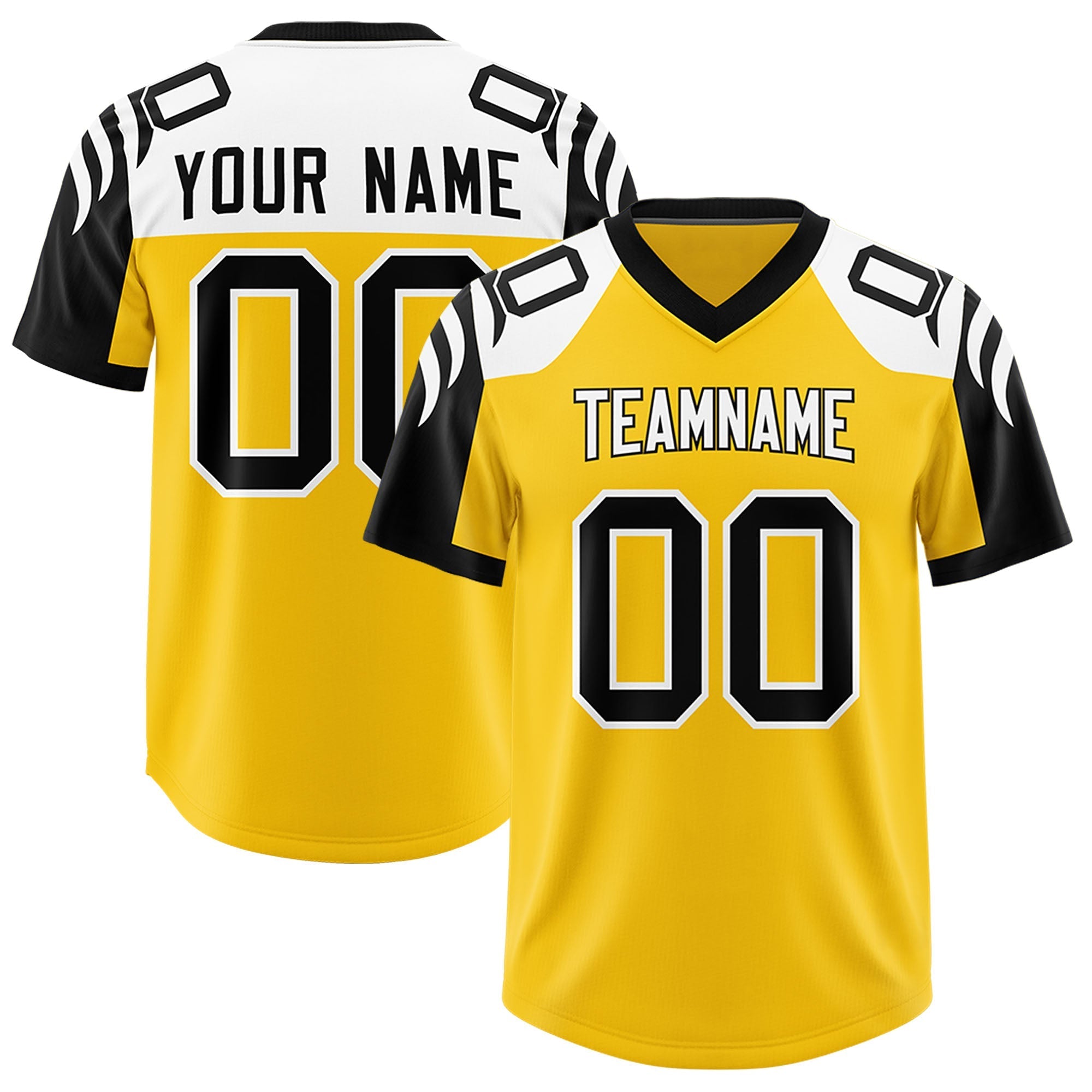 Custom Gold Black Raglan Sleeves Personalized Pattern Authentic American Football Jersey