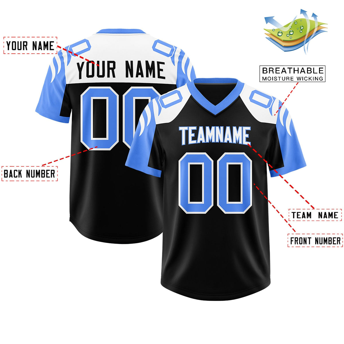 Custom Black Powder Blue Raglan Sleeves Personalized Pattern Authentic American Football Jersey