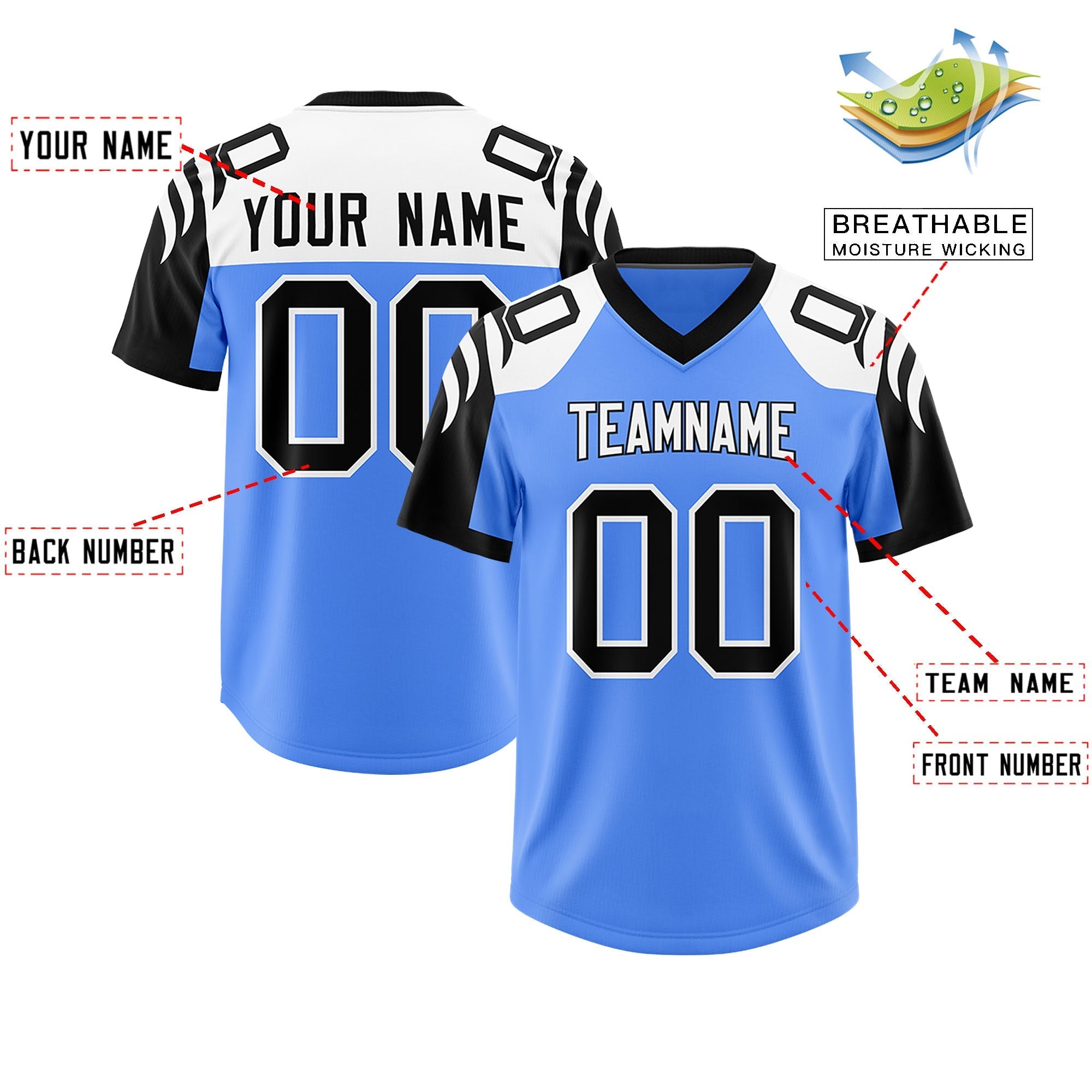 Custom Powder Blue Black Raglan Sleeves Personalized Pattern Authentic American Football Jersey