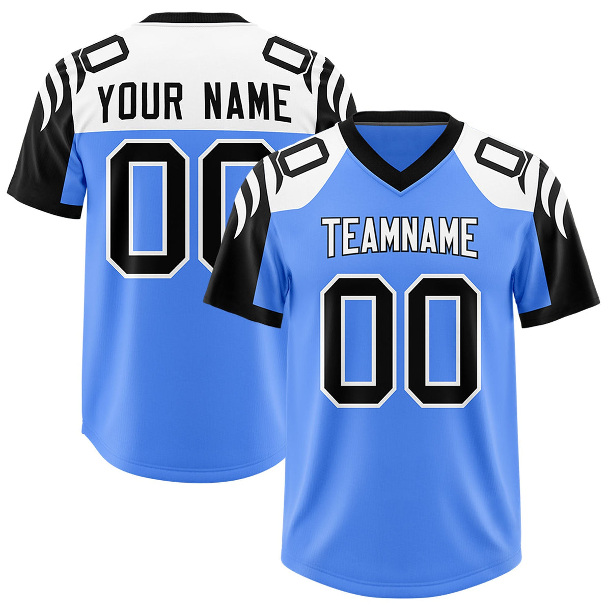 Custom Powder Blue Black Raglan Sleeves Personalized Pattern Authentic American Football Jersey
