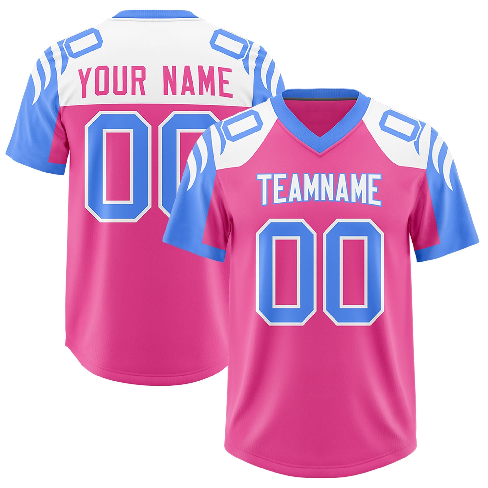 Custom Pink Powder Blue Raglan Sleeves Personalized Pattern Authentic American Football Jersey