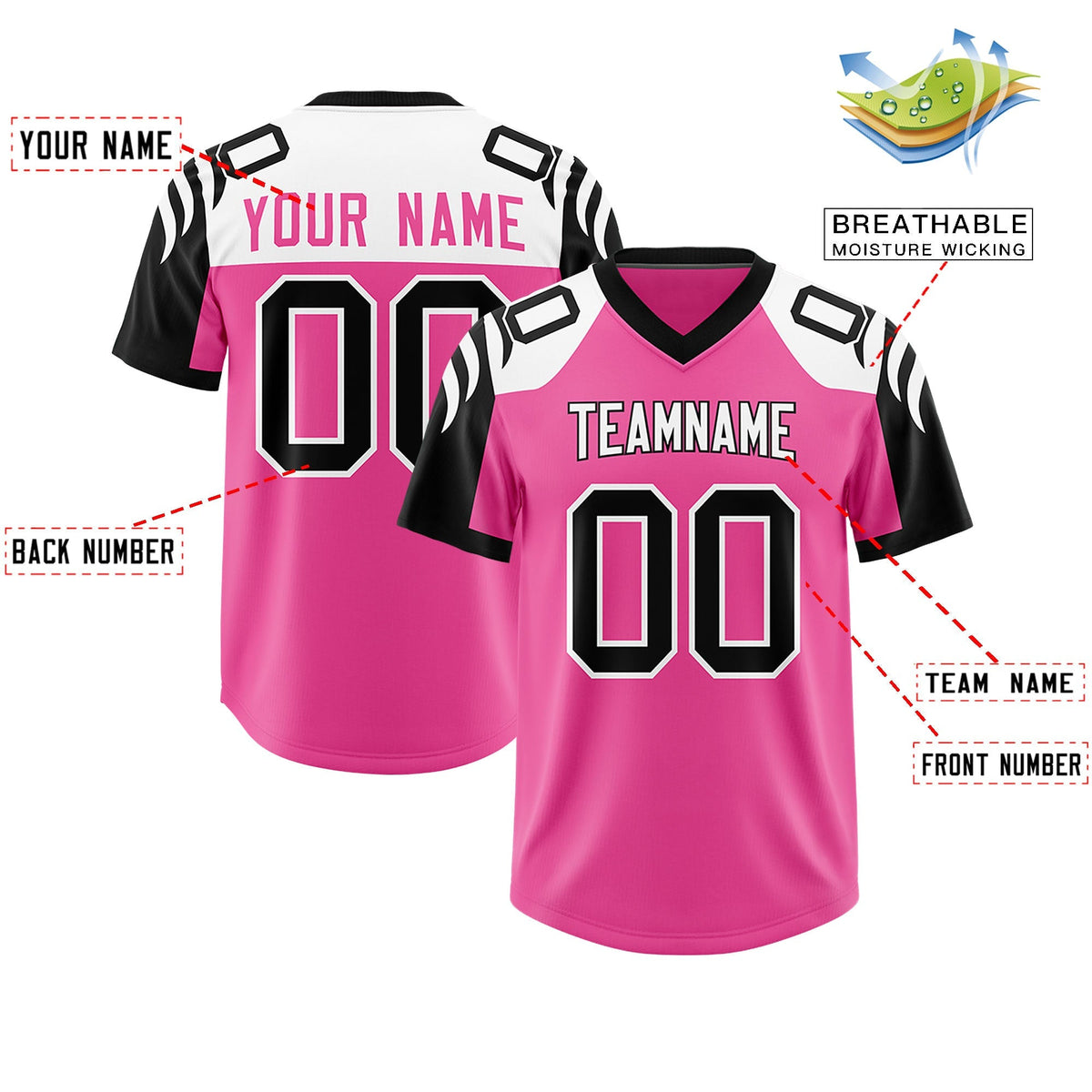 Custom Pink Black Raglan Sleeves Personalized Pattern Authentic American Football Jersey