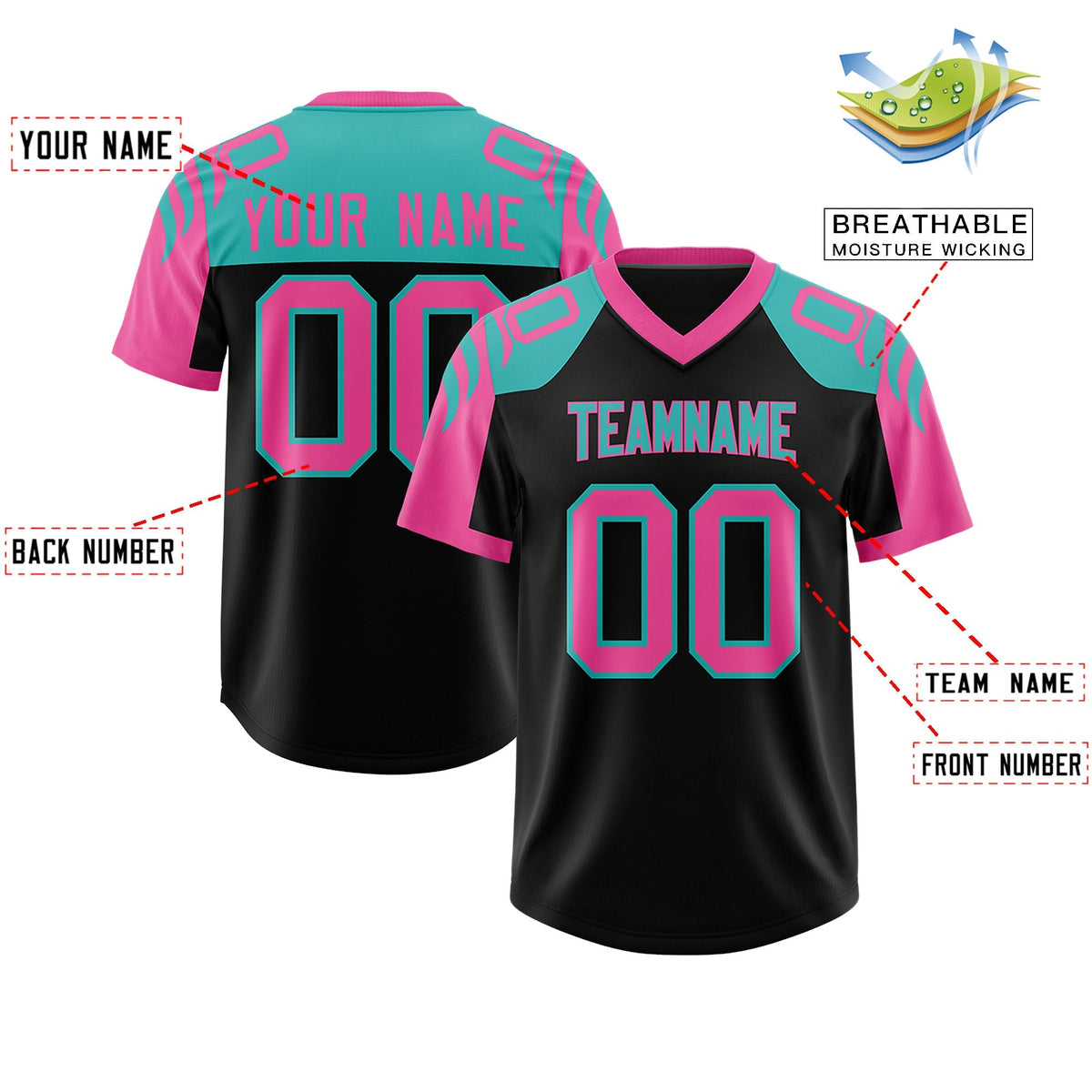 Custom Black Pink Raglan Sleeves Personalized Pattern Authentic American Football Jersey