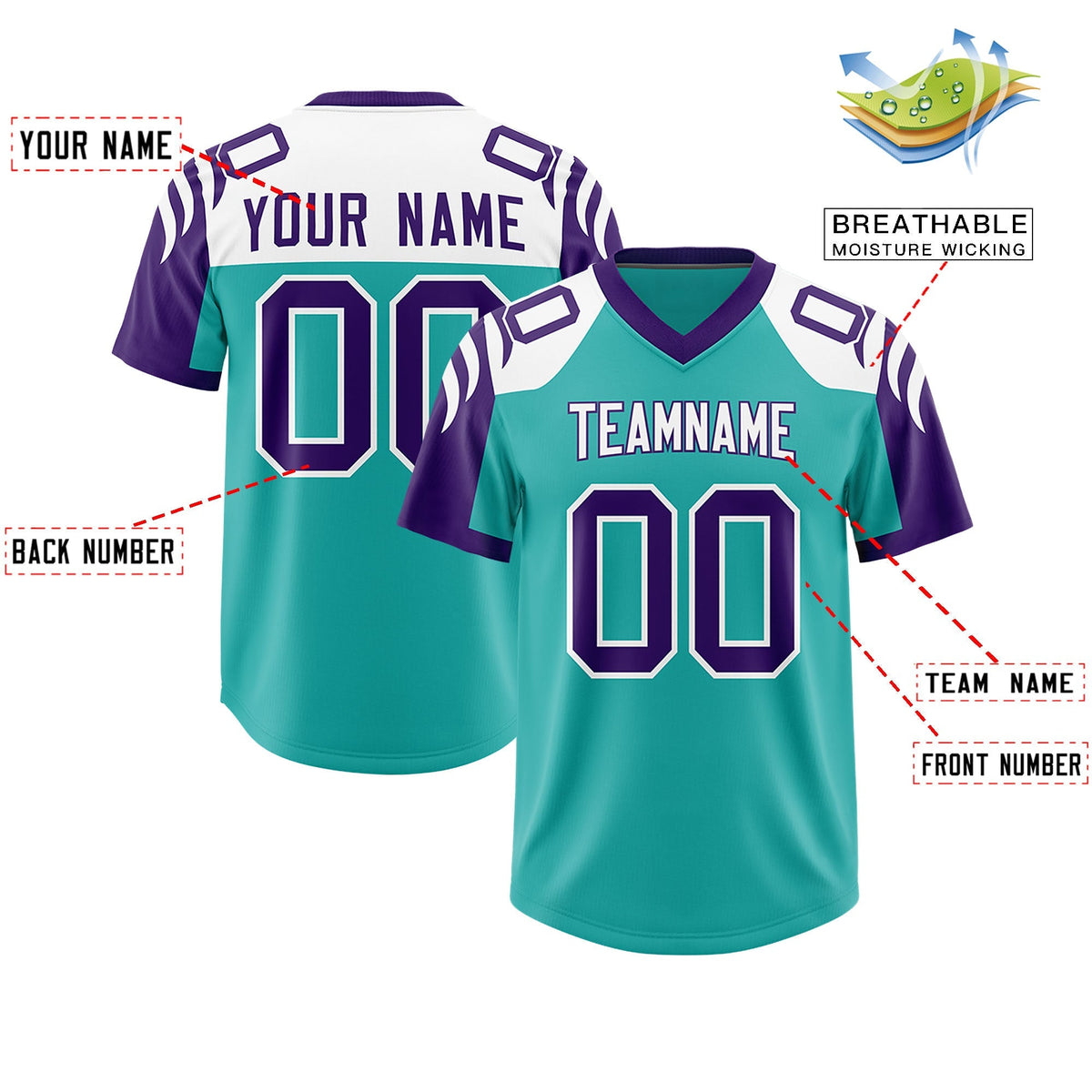 Custom Aqua Purple Raglan Sleeves Personalized Pattern Authentic American Football Jersey