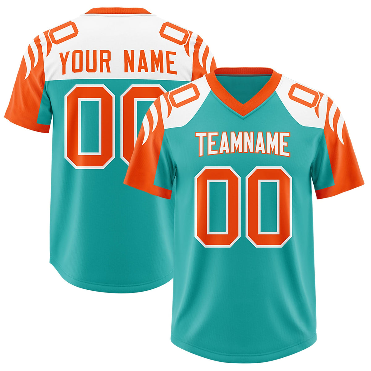 Custom Aqua Orange Raglan Sleeves Personalized Pattern Authentic American Football Jersey