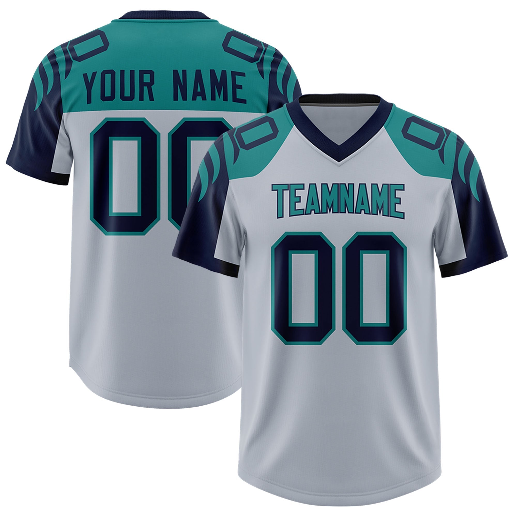 Custom Silver Navy Raglan Sleeves Personalized Pattern Authentic American Football Jersey