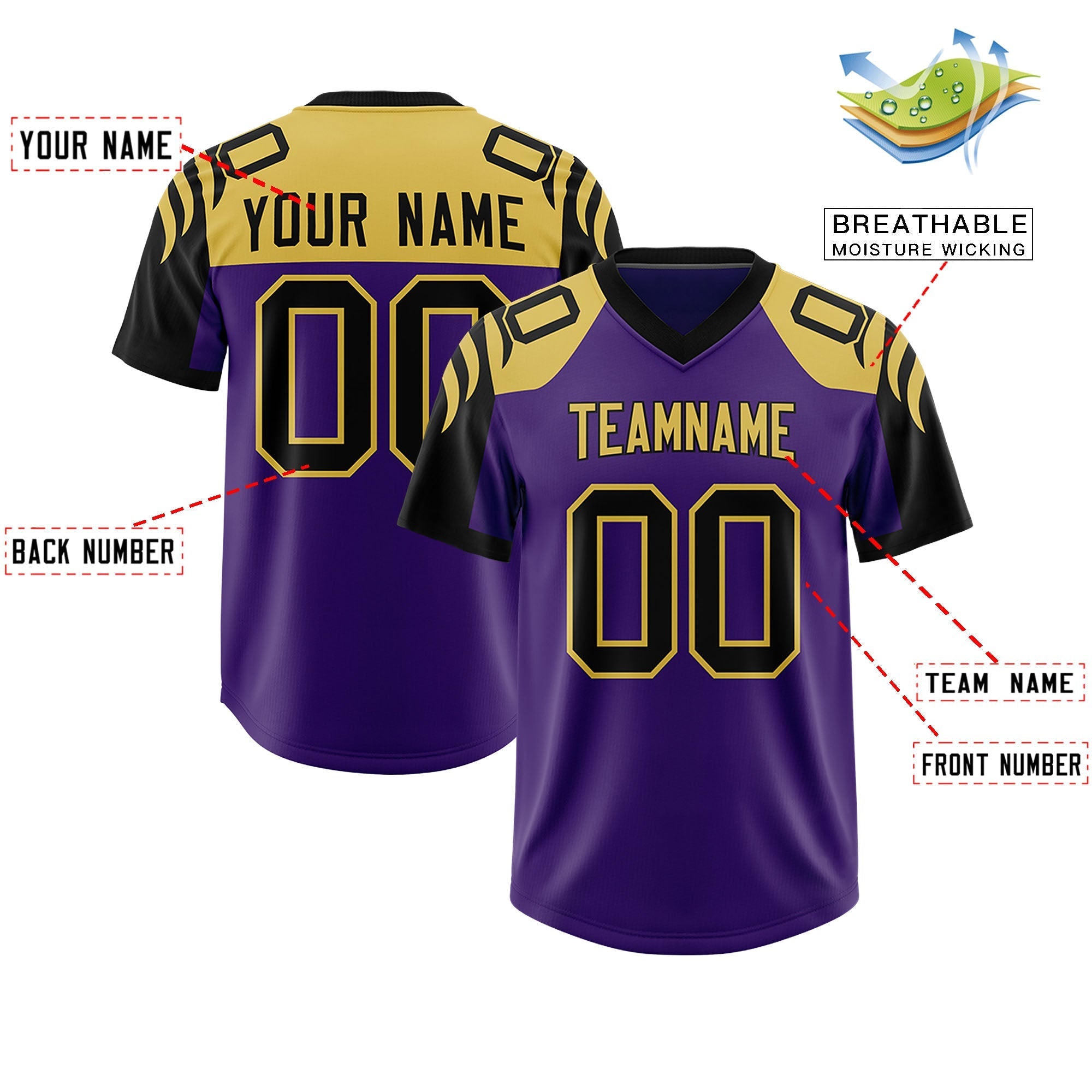 Custom Purple Black Raglan Sleeves Personalized Pattern Authentic American Football Jersey
