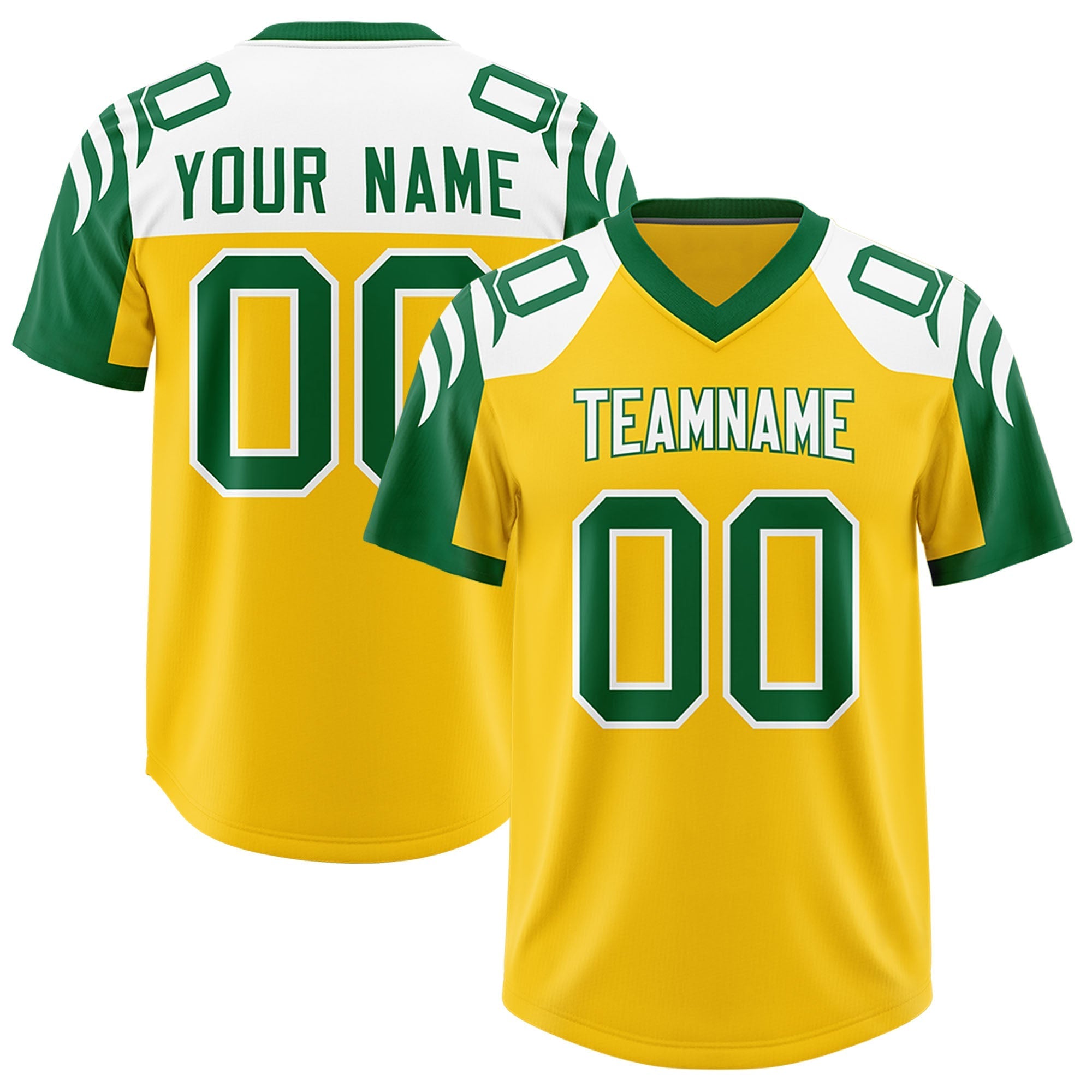 Custom Gold Kelly Green Raglan Sleeves Personalized Pattern Authentic American Football Jersey