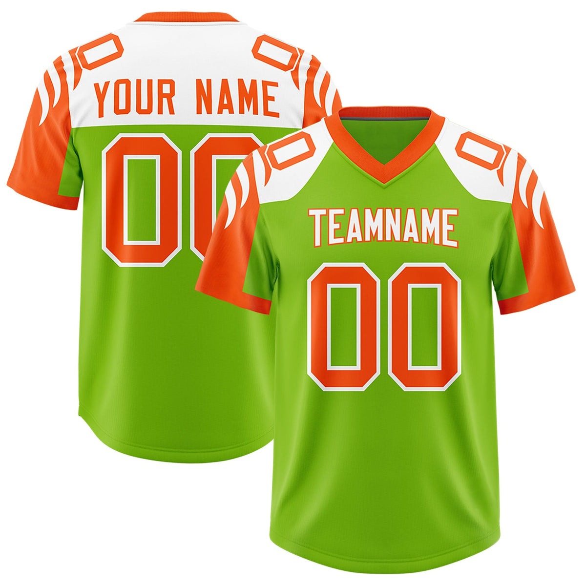 Custom Neon Green Orange Raglan Sleeves Personalized Pattern Authentic American Football Jersey