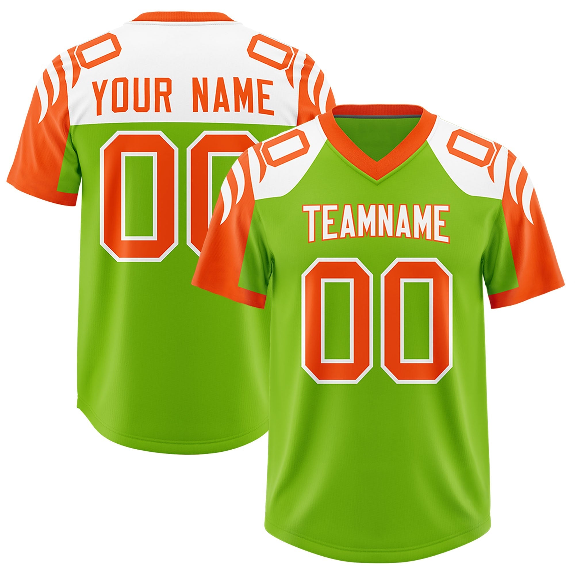 Custom Neon Green Orange Raglan Sleeves Personalized Pattern Authentic American Football Jersey