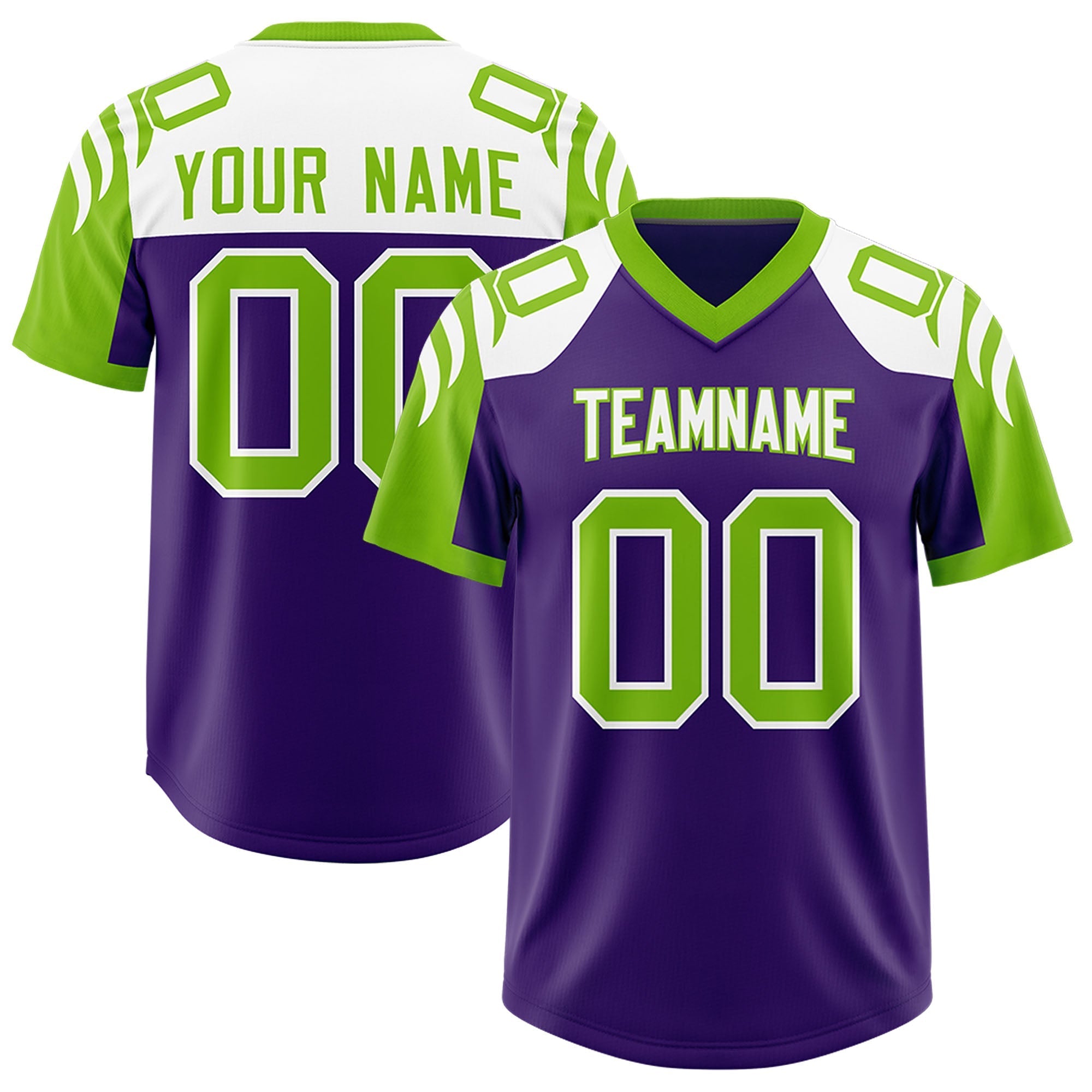 Custom Purple Neon Green Raglan Sleeves Personalized Pattern Authentic American Football Jersey