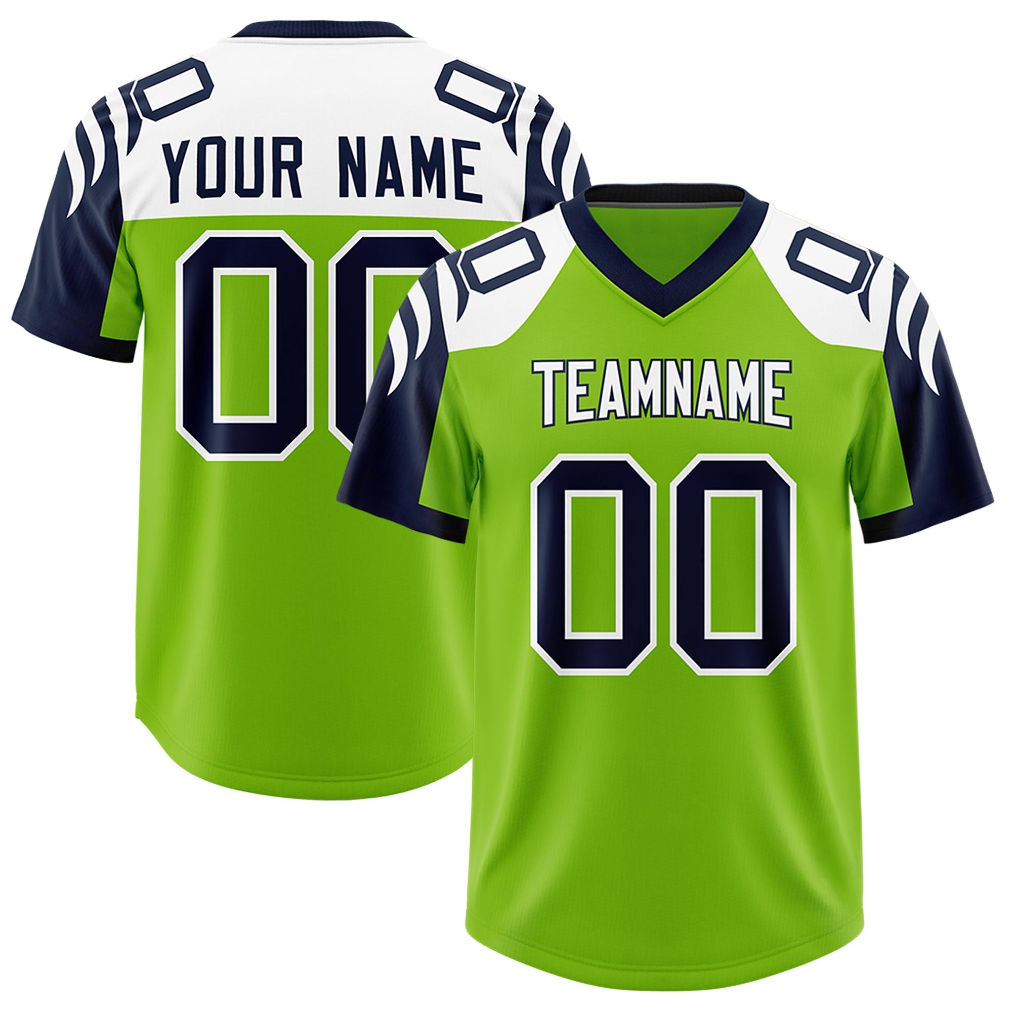 Custom Neon Green Navy Raglan Sleeves Personalized Pattern Authentic American Football Jersey