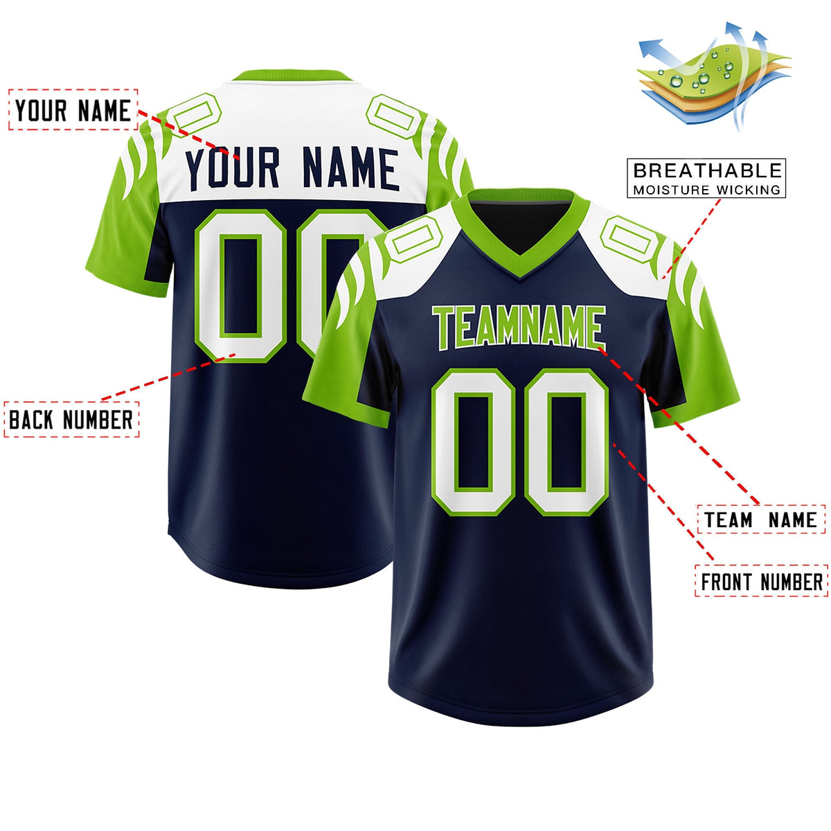 Custom Navy Neon Green Raglan Sleeves Personalized Pattern Authentic American Football Jersey