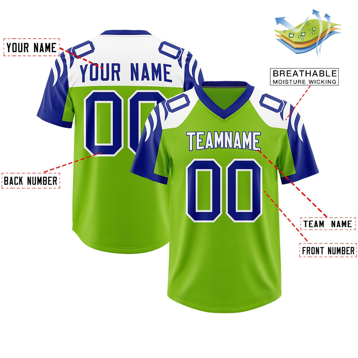 Custom Neon Green Royal Raglan Sleeves Personalized Pattern Authentic American Football Jersey