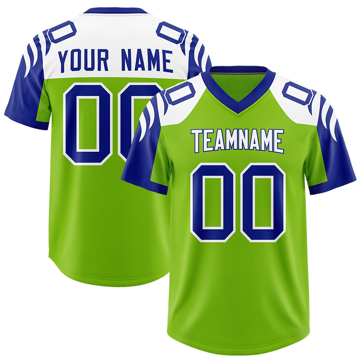 Custom Neon Green Royal Raglan Sleeves Personalized Pattern Authentic American Football Jersey