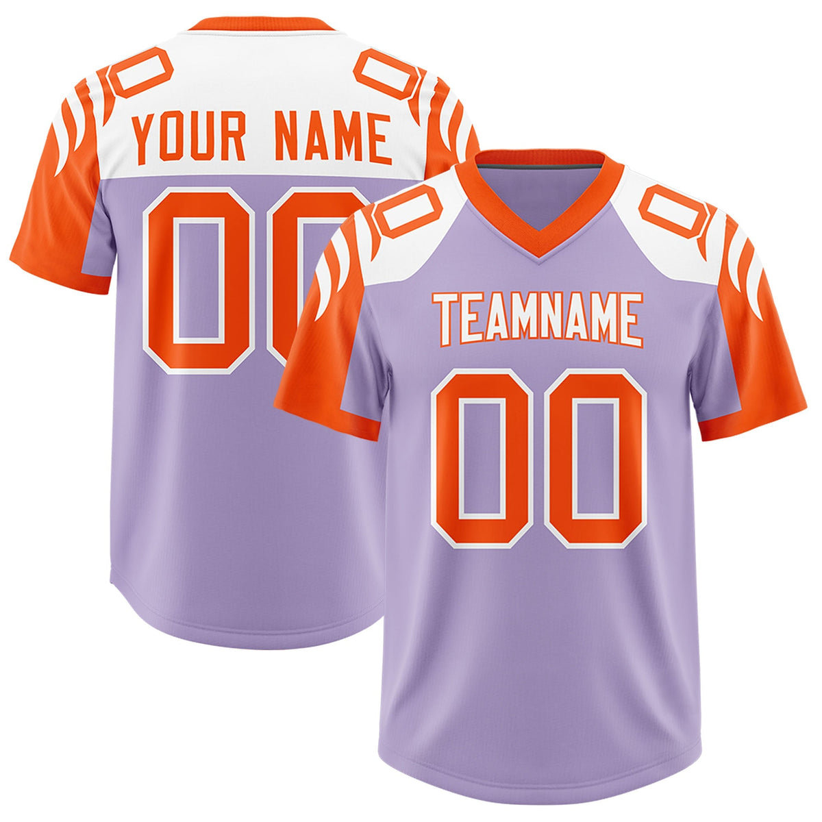 Custom Light Purple Orange Raglan Sleeves Personalized Pattern Authentic American Football Jersey