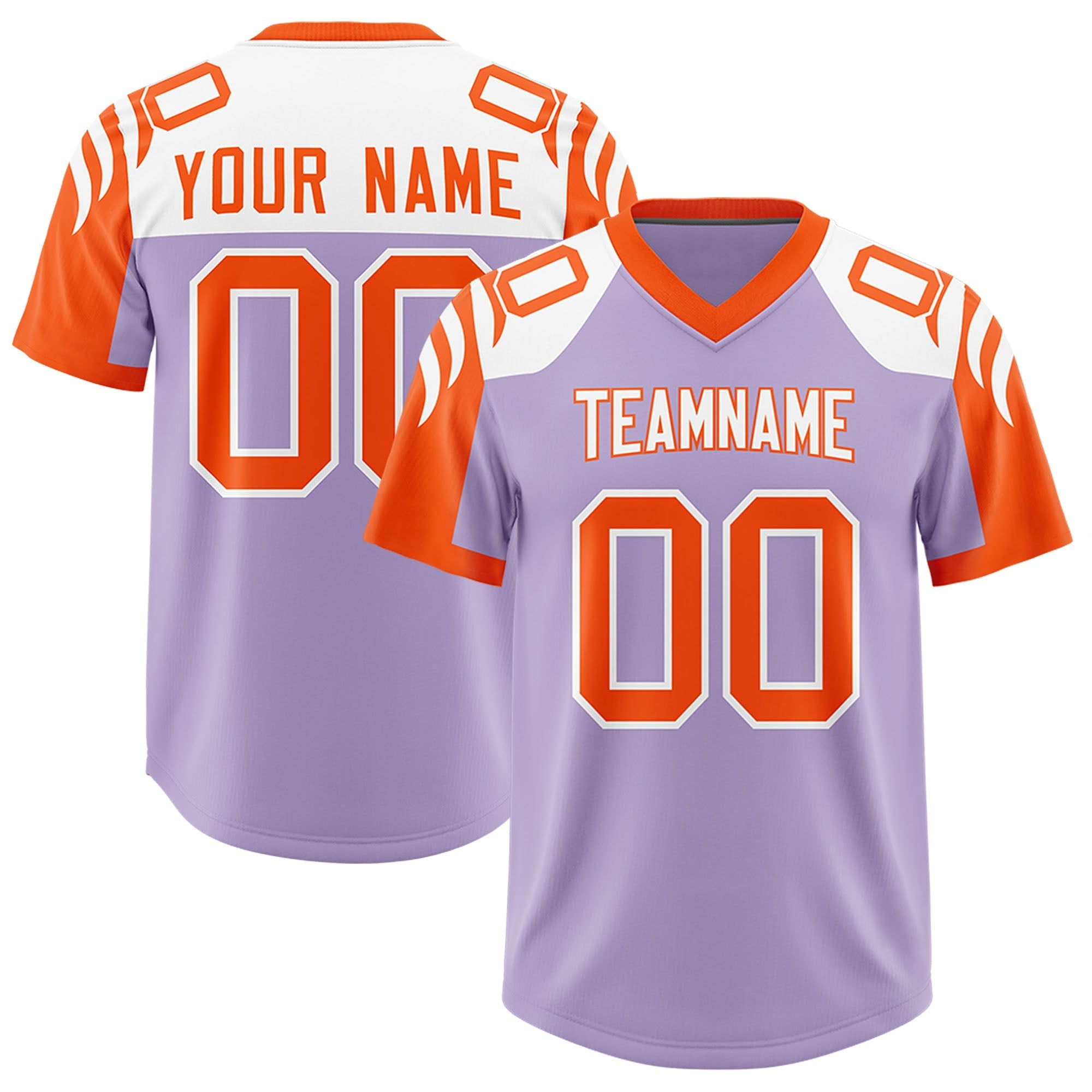 Custom Light Purple Orange Raglan Sleeves Personalized Pattern Authentic American Football Jersey