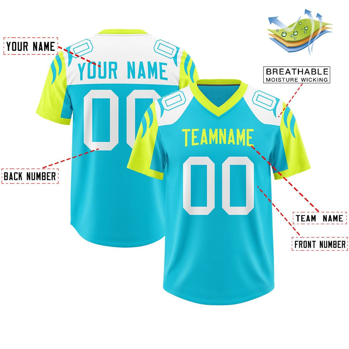 Custom Sky Blue Fluorescent Green Raglan Sleeves Personalized Pattern Authentic American Football Jersey