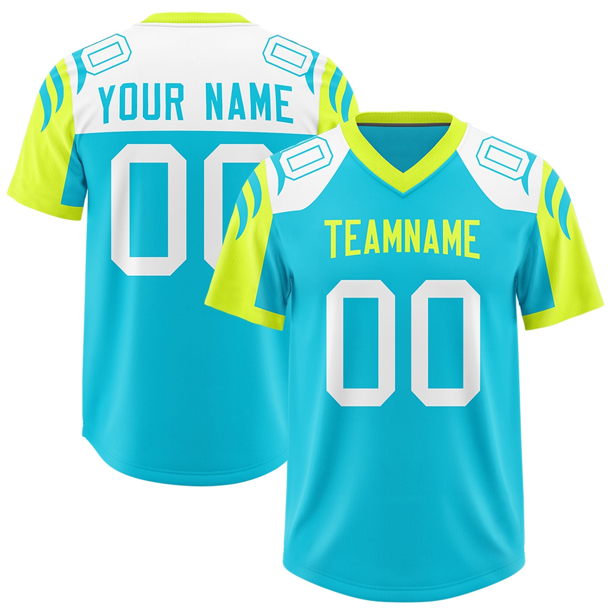 Custom Sky Blue Fluorescent Green Raglan Sleeves Personalized Pattern Authentic American Football Jersey