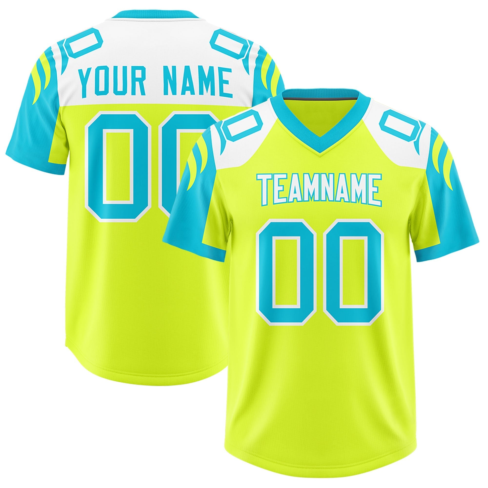 Custom Fluorescent Green Sky Blue Raglan Sleeves Personalized Pattern Authentic American Football Jersey