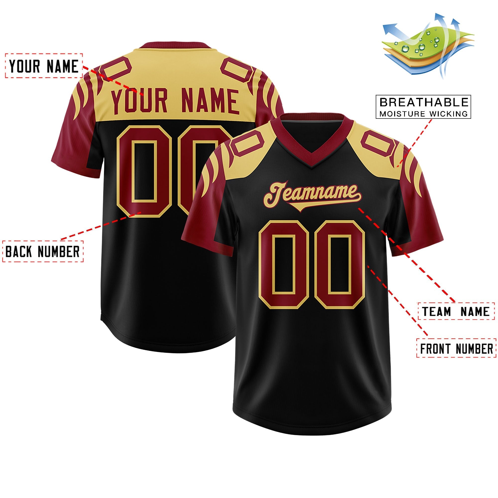 Custom Black Crimson Raglan Sleeves Personalized Pattern Authentic American Football Jersey