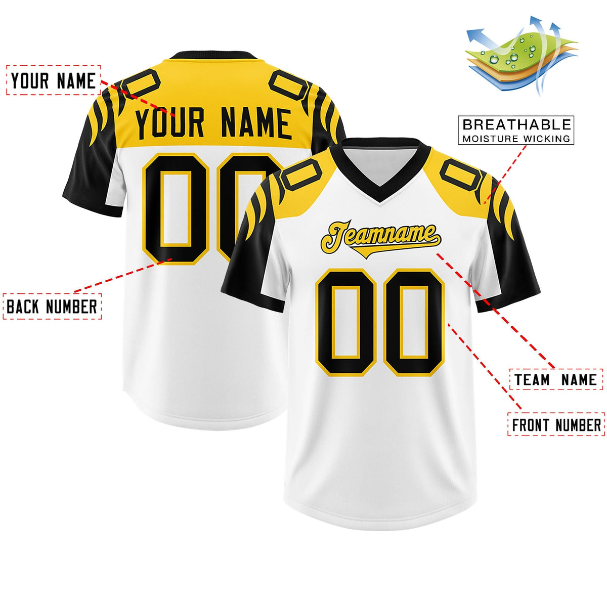 Custom White Black Raglan Sleeves Personalized Pattern Authentic American Football Jersey
