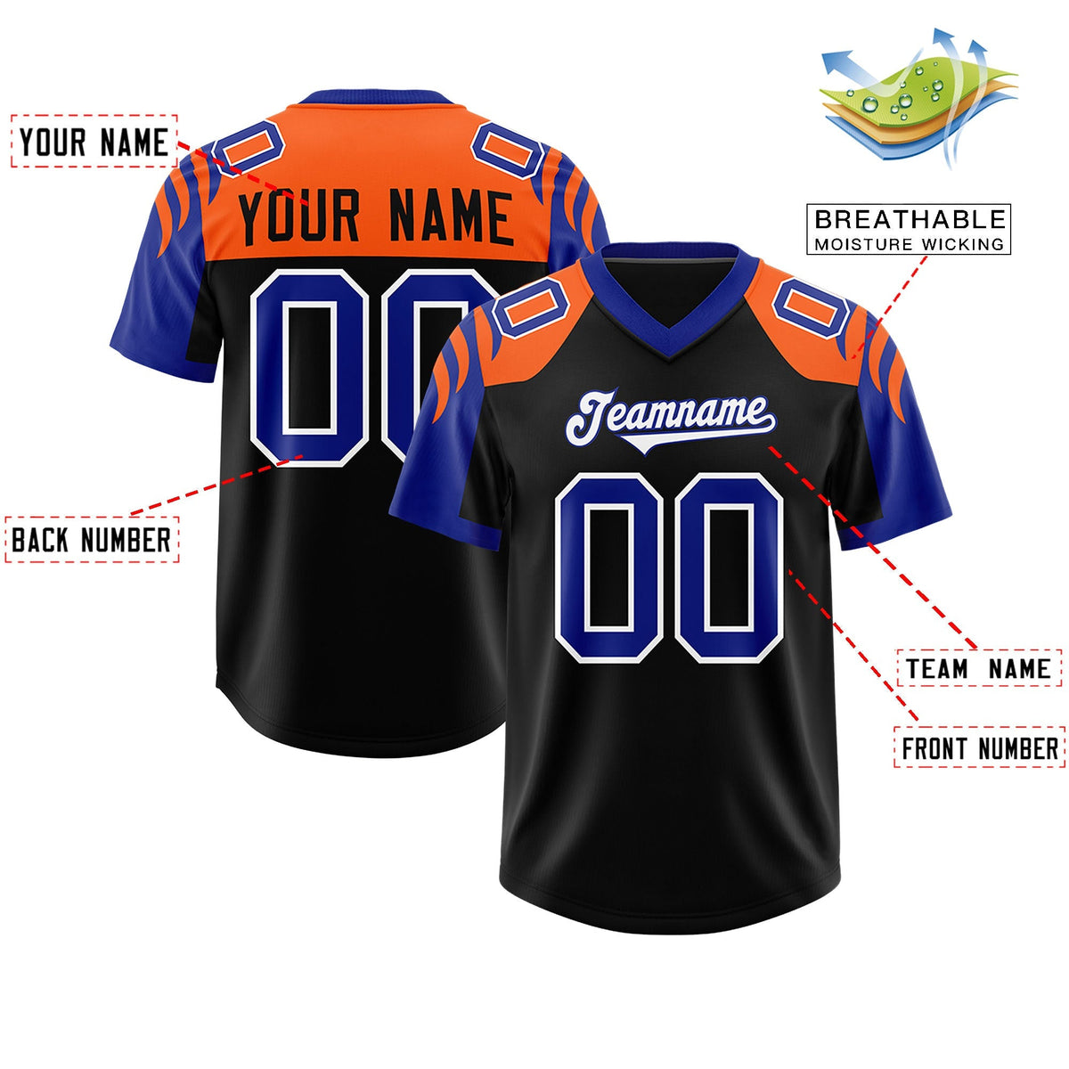 Custom Black Royal Raglan Sleeves Personalized Pattern Authentic American Football Jersey