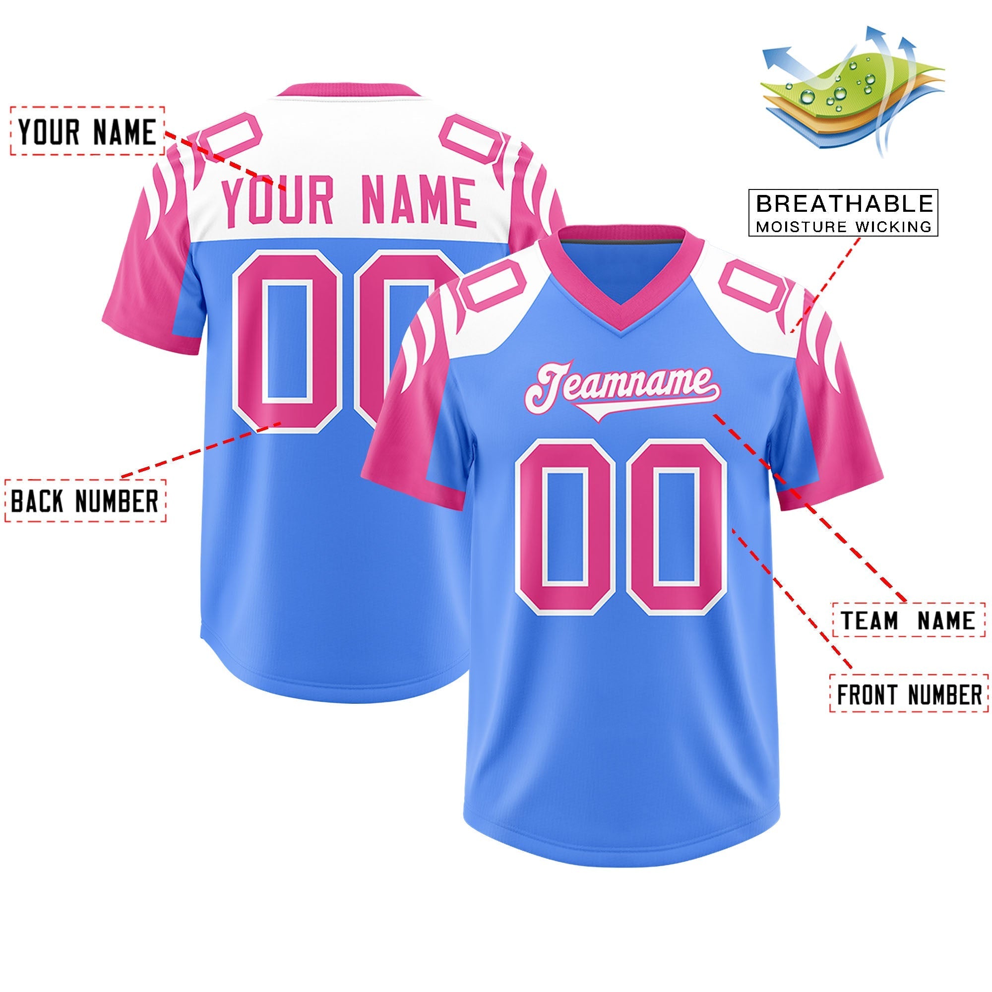 Custom Powder Blue Pink Raglan Sleeves Personalized Pattern Authentic American Football Jersey