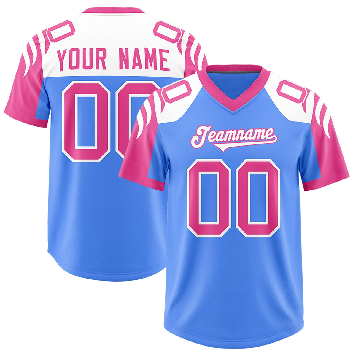 Custom Powder Blue Pink Raglan Sleeves Personalized Pattern Authentic American Football Jersey