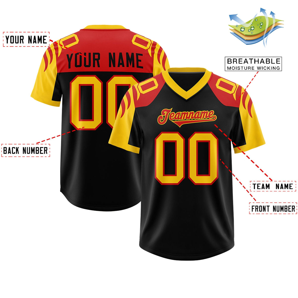 Custom Black Gold Raglan Sleeves Personalized Pattern Authentic American Football Jersey