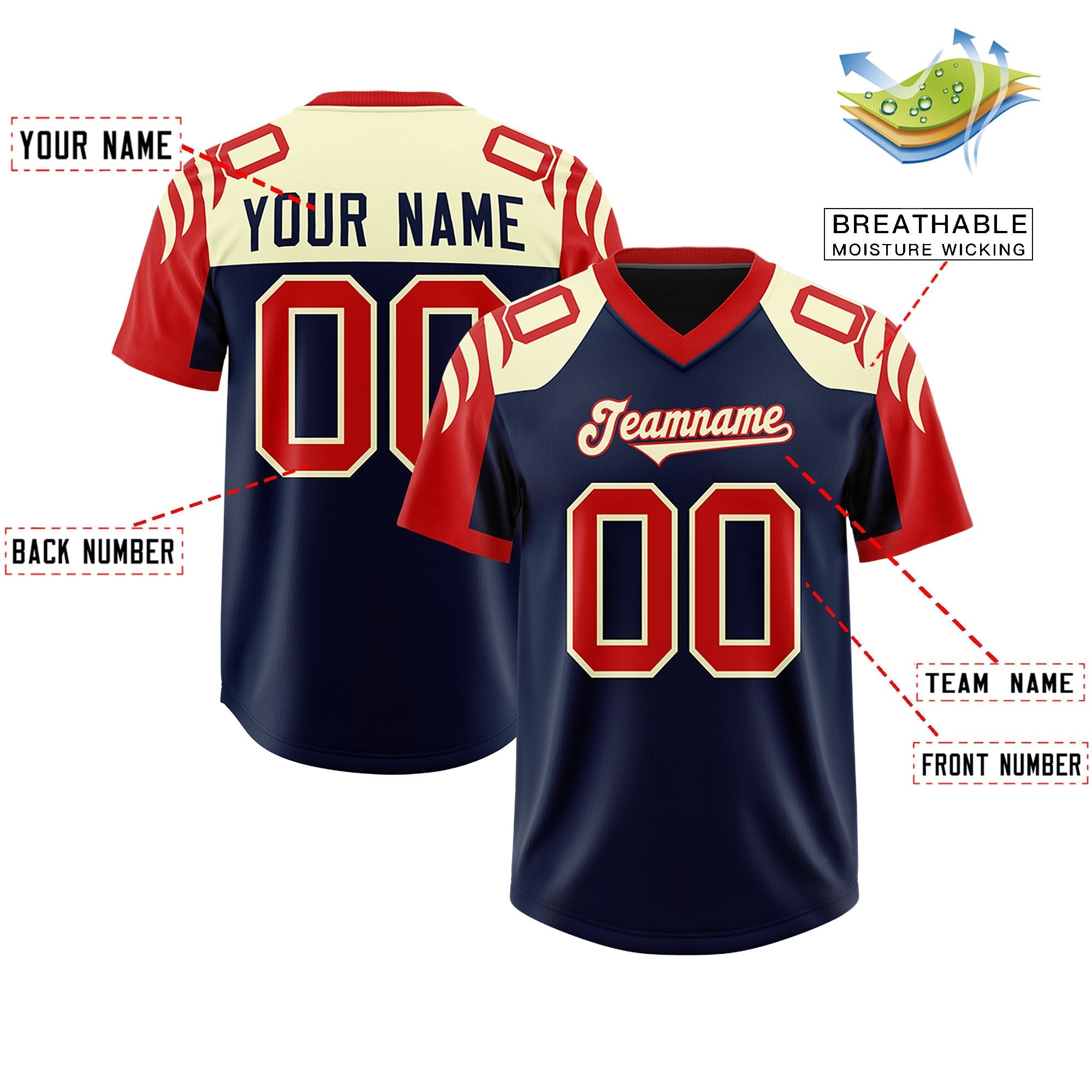 Custom Navy Red Raglan Sleeves Personalized Pattern Authentic American Football Jersey