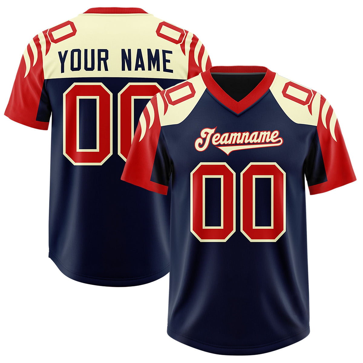 Custom Navy Red Raglan Sleeves Personalized Pattern Authentic American Football Jersey