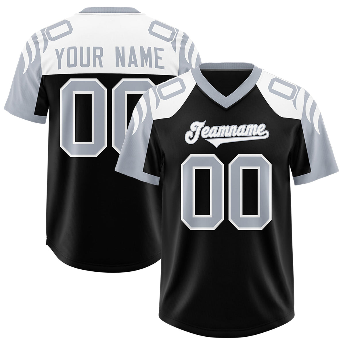 Custom Black Silver Raglan Sleeves Personalized Pattern Authentic American Football Jersey