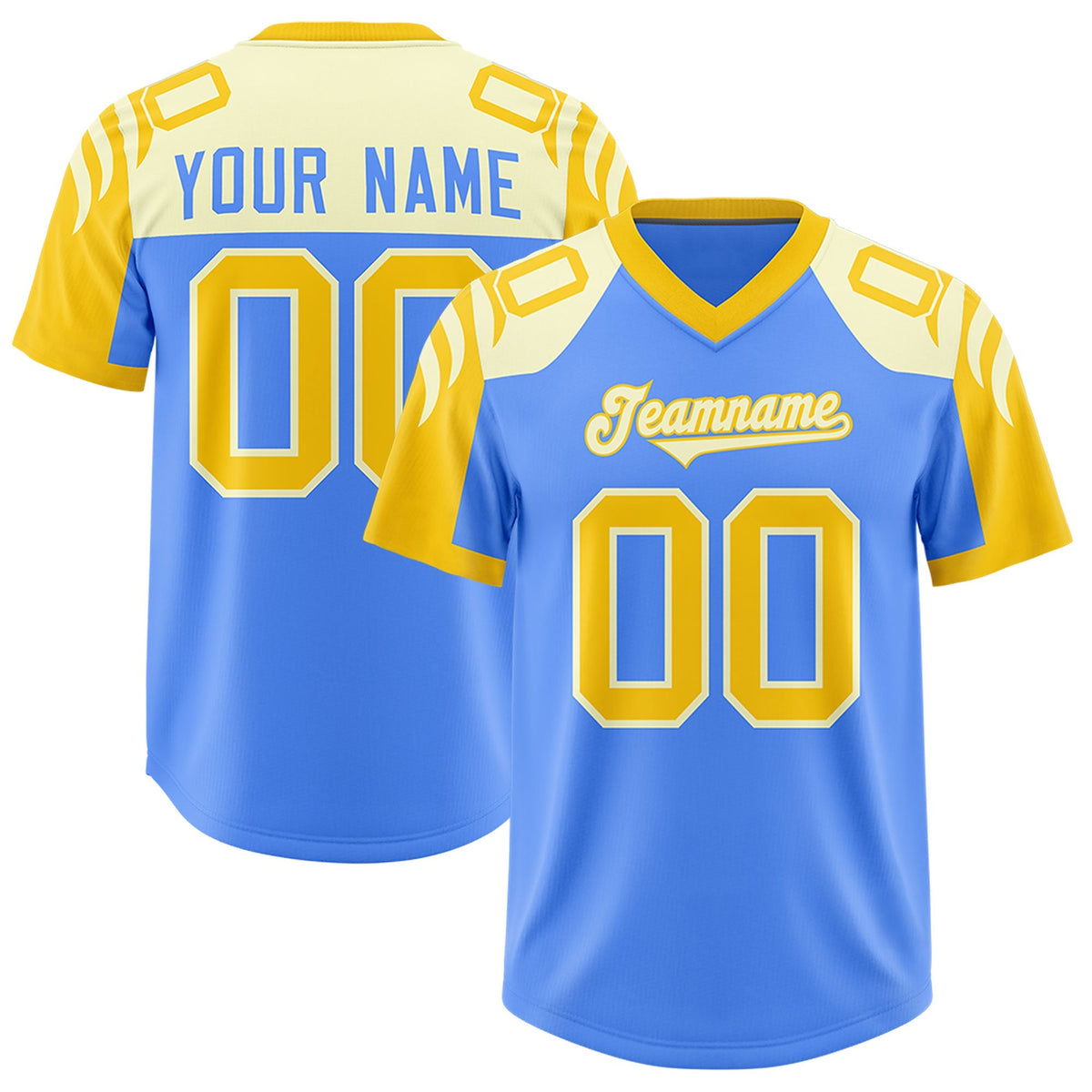 Custom Powder Blue Gold Raglan Sleeves Personalized Pattern Authentic American Football Jersey