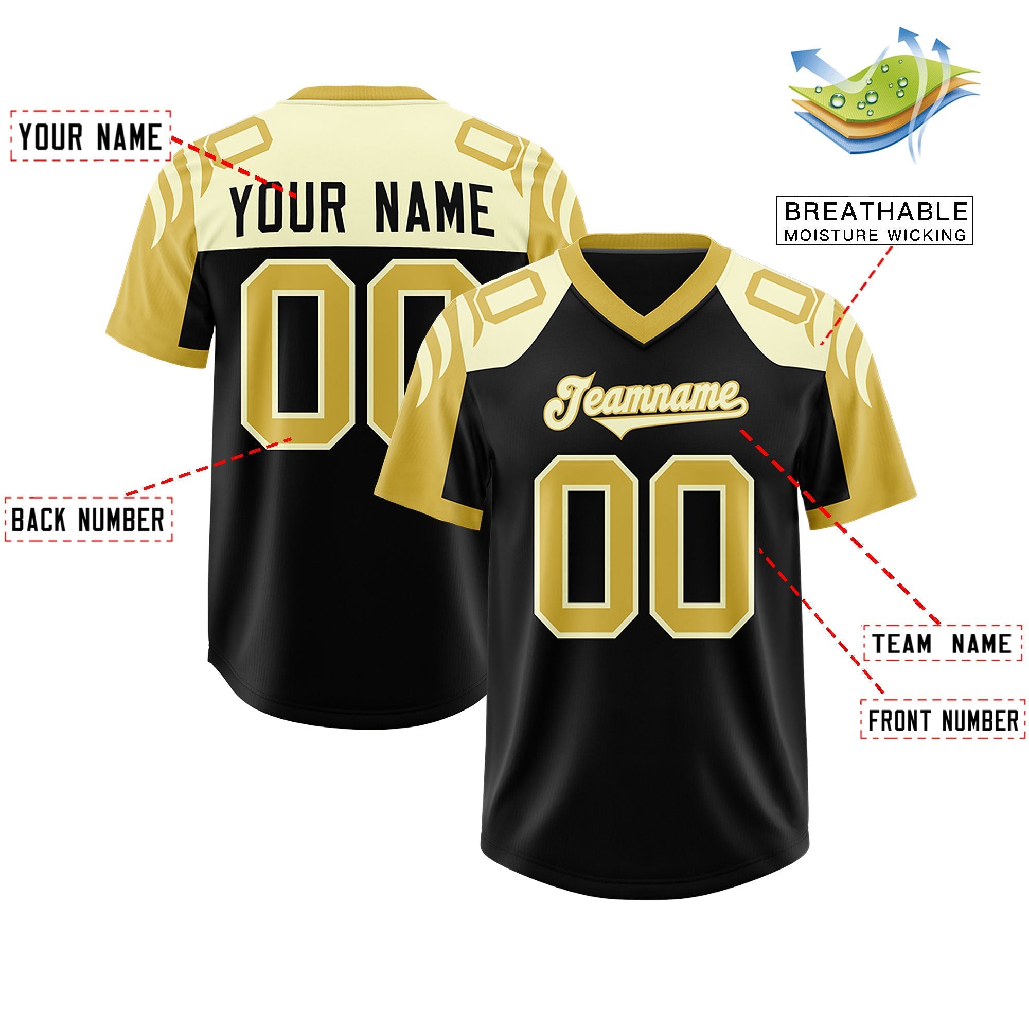 Custom Black Old Gold Raglan Sleeves Personalized Pattern Authentic American Football Jersey