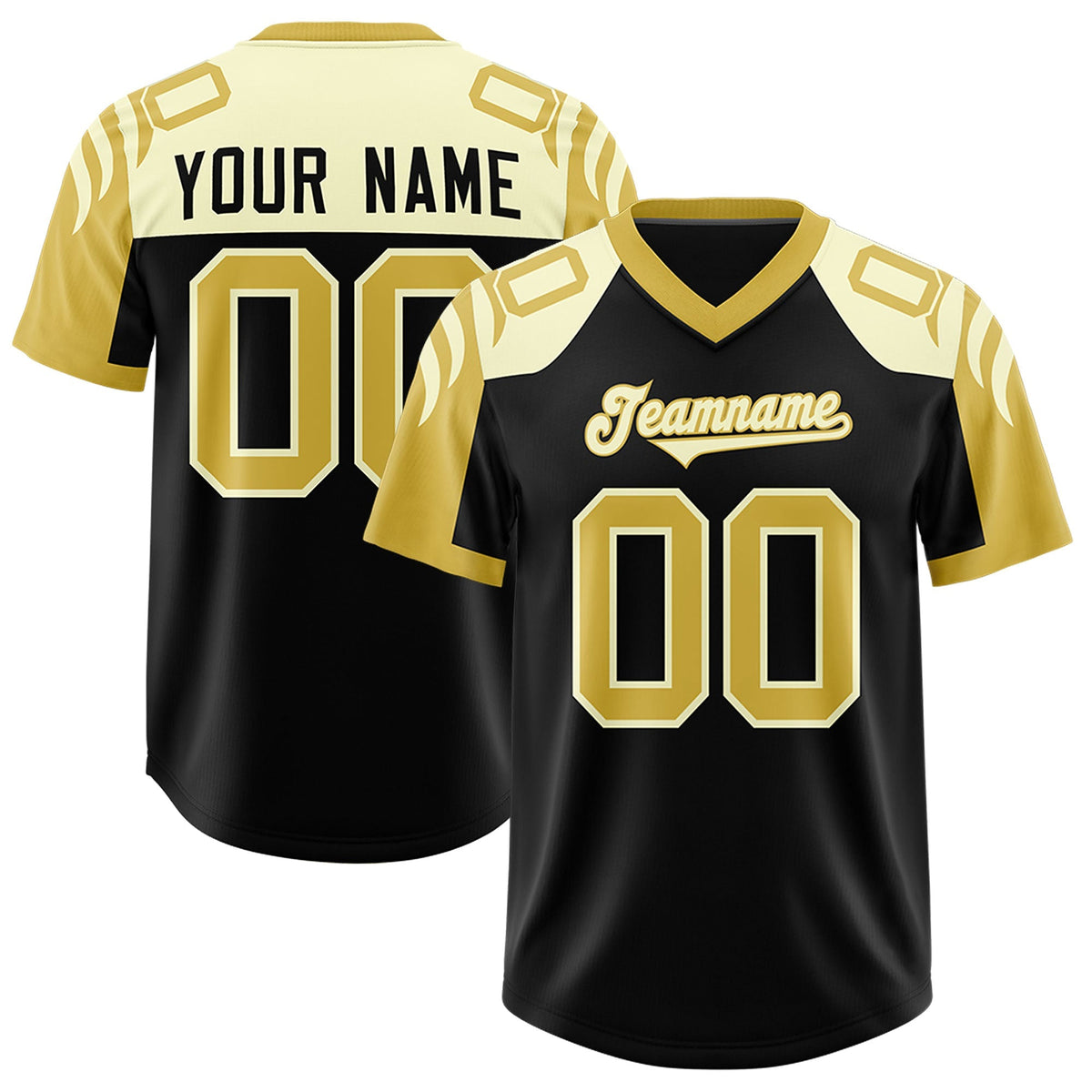 Custom Black Old Gold Raglan Sleeves Personalized Pattern Authentic American Football Jersey
