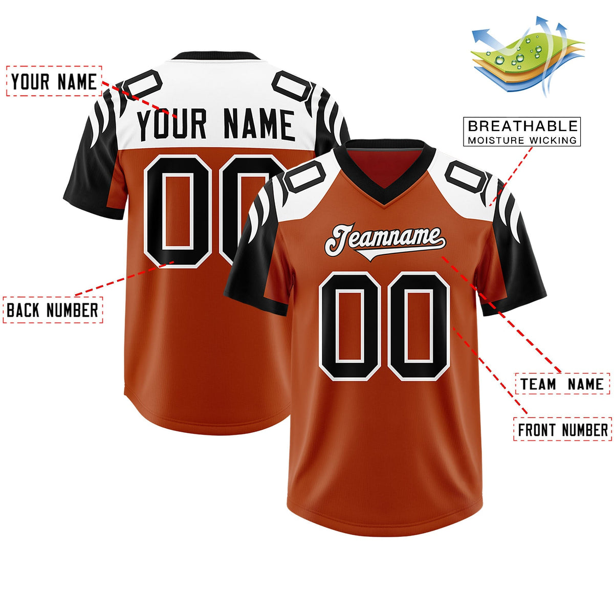 Custom Texas Orange Black Raglan Sleeves Personalized Pattern Authentic American Football Jersey