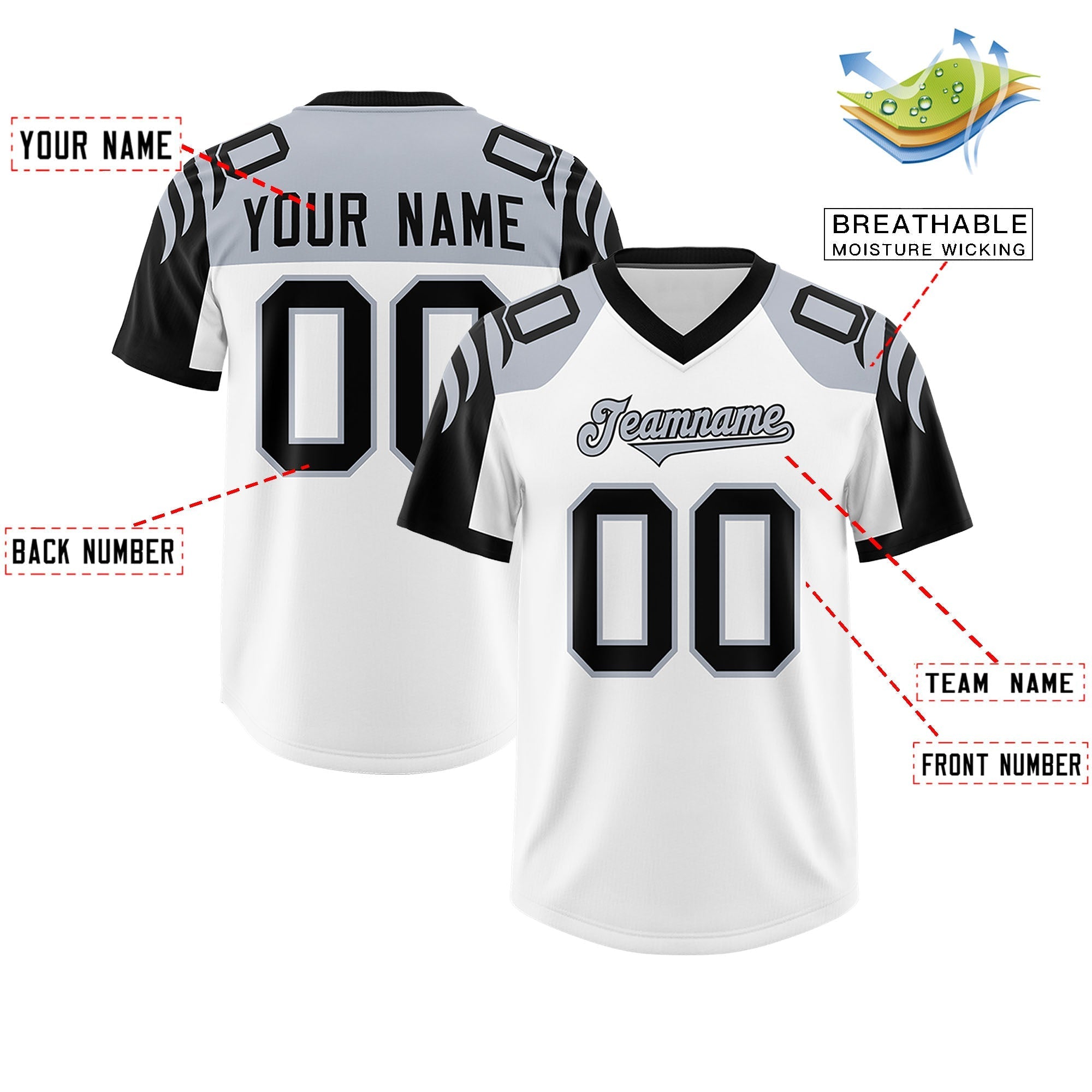Custom White Black Raglan Sleeves Personalized Pattern Authentic American Football Jersey