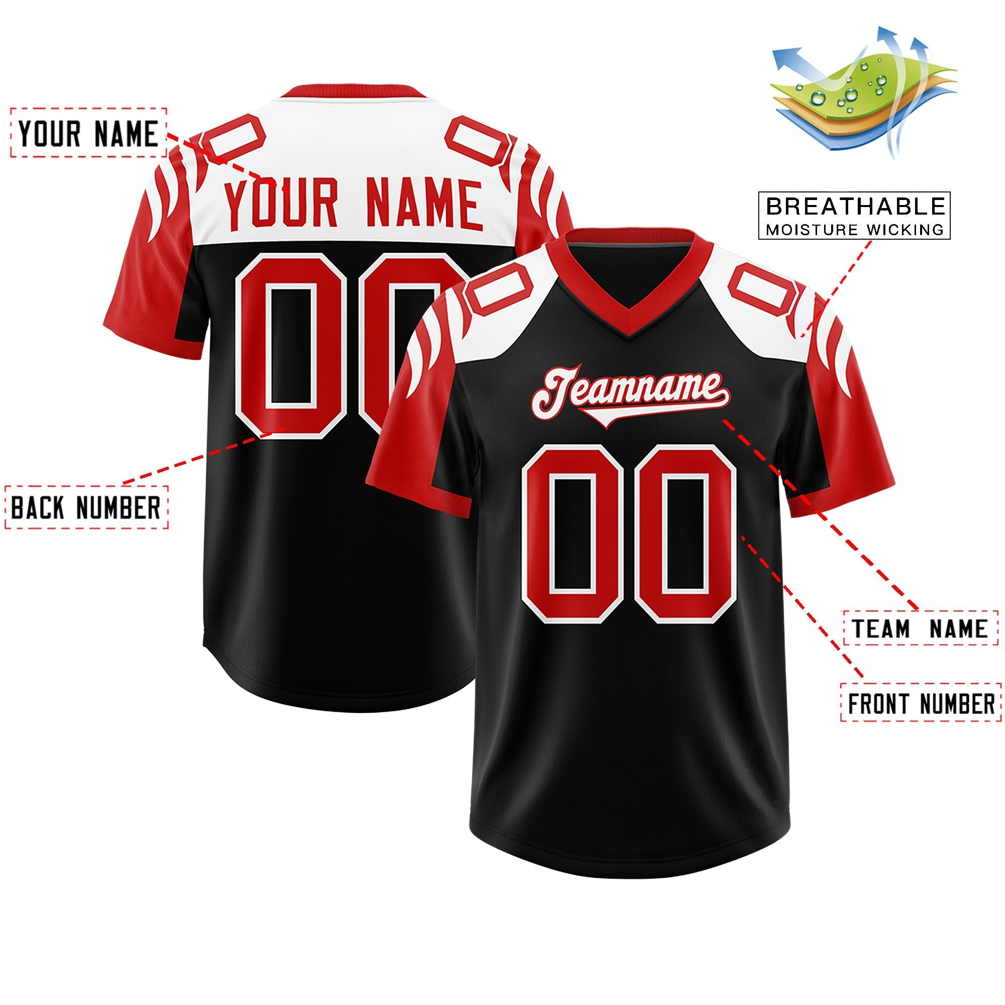 Custom Black Red Raglan Sleeves Personalized Pattern Authentic American Football Jersey