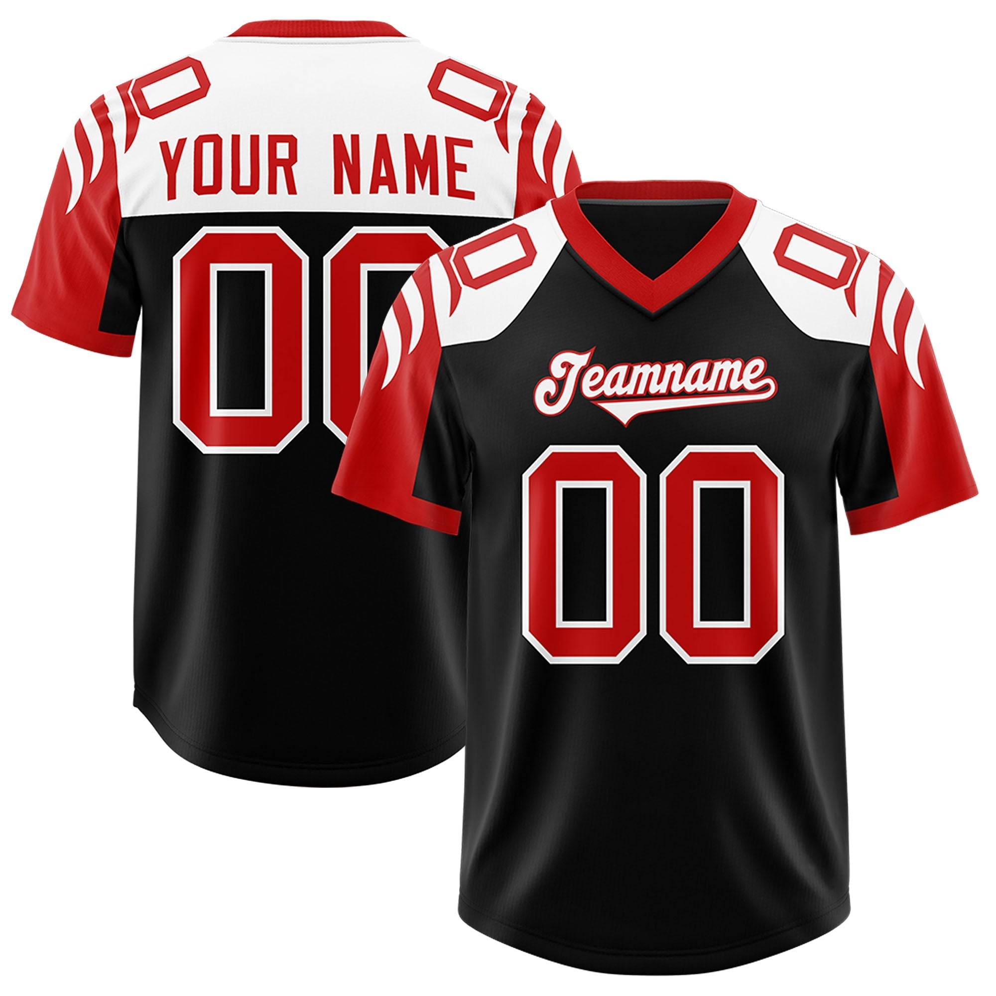 Custom Black Red Raglan Sleeves Personalized Pattern Authentic American Football Jersey