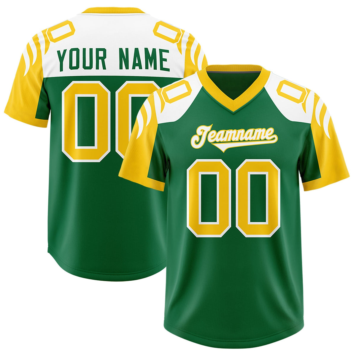 Custom Kelly Green Gold Raglan Sleeves Personalized Pattern Authentic American Football Jersey