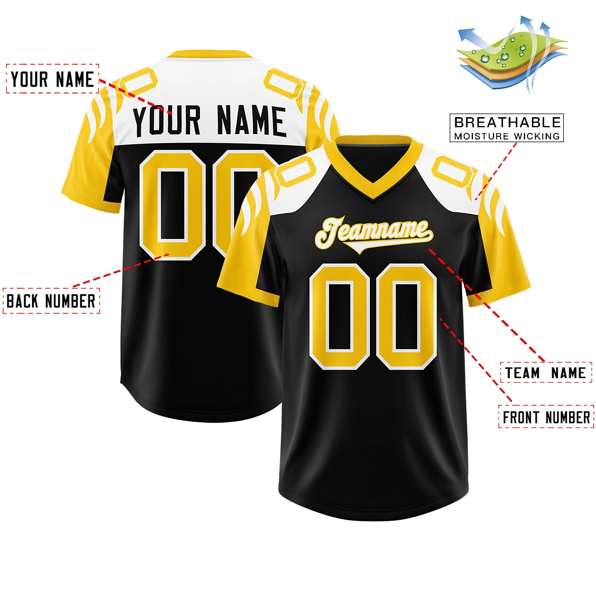 Custom Black Gold Raglan Sleeves Personalized Pattern Authentic American Football Jersey