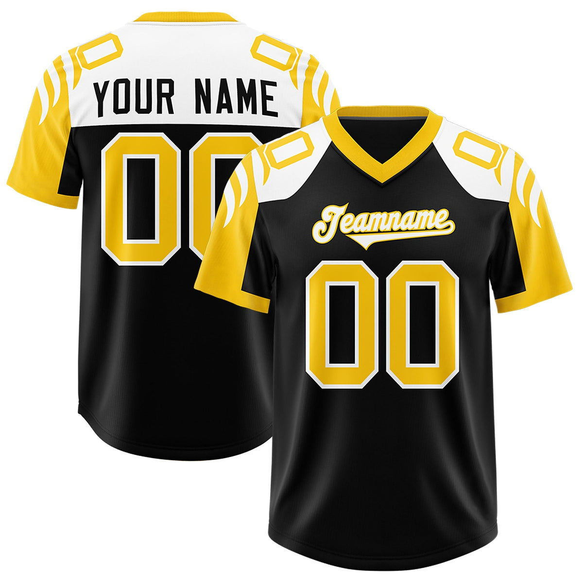 Custom Black Gold Raglan Sleeves Personalized Pattern Authentic American Football Jersey