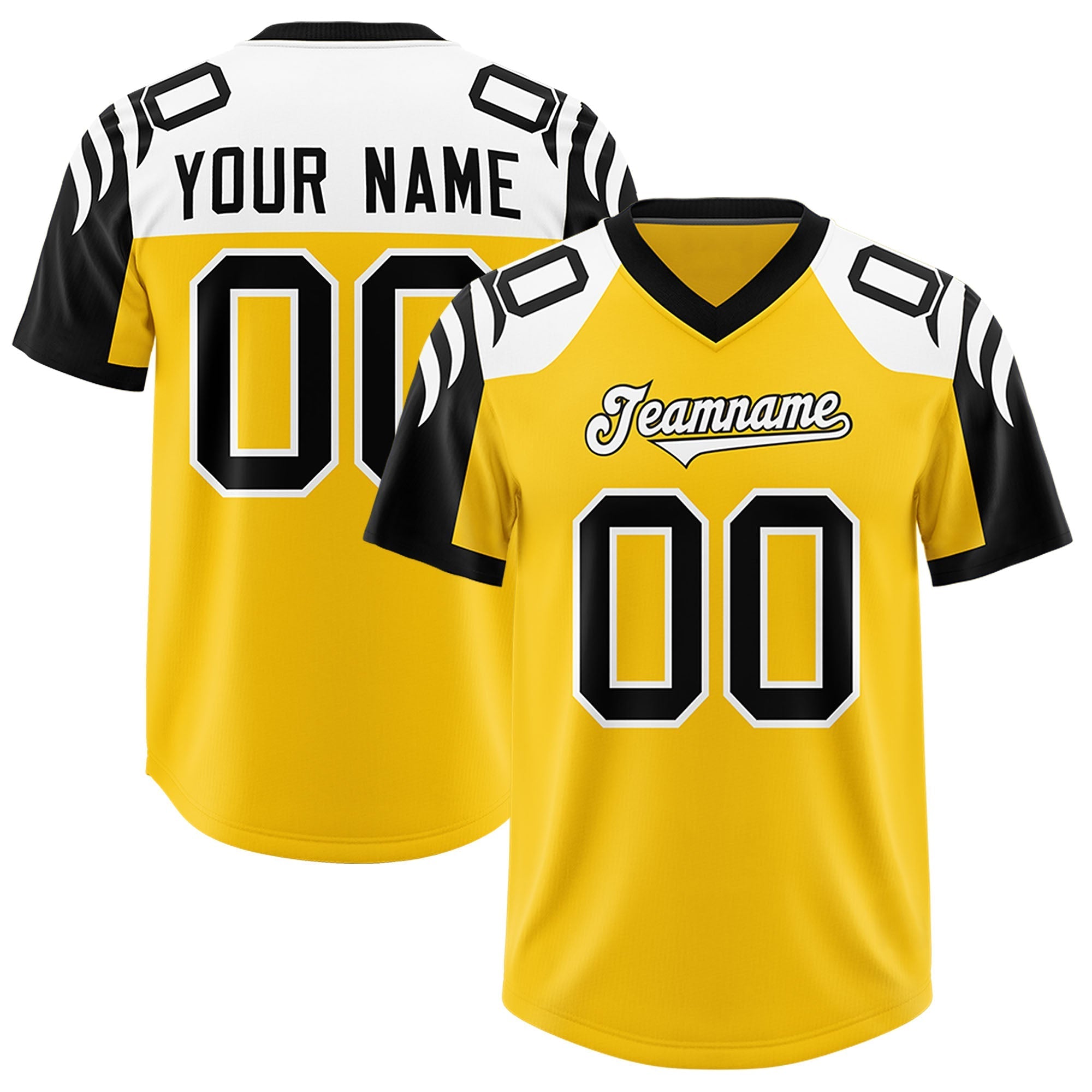 Custom Gold Black Raglan Sleeves Personalized Pattern Authentic American Football Jersey