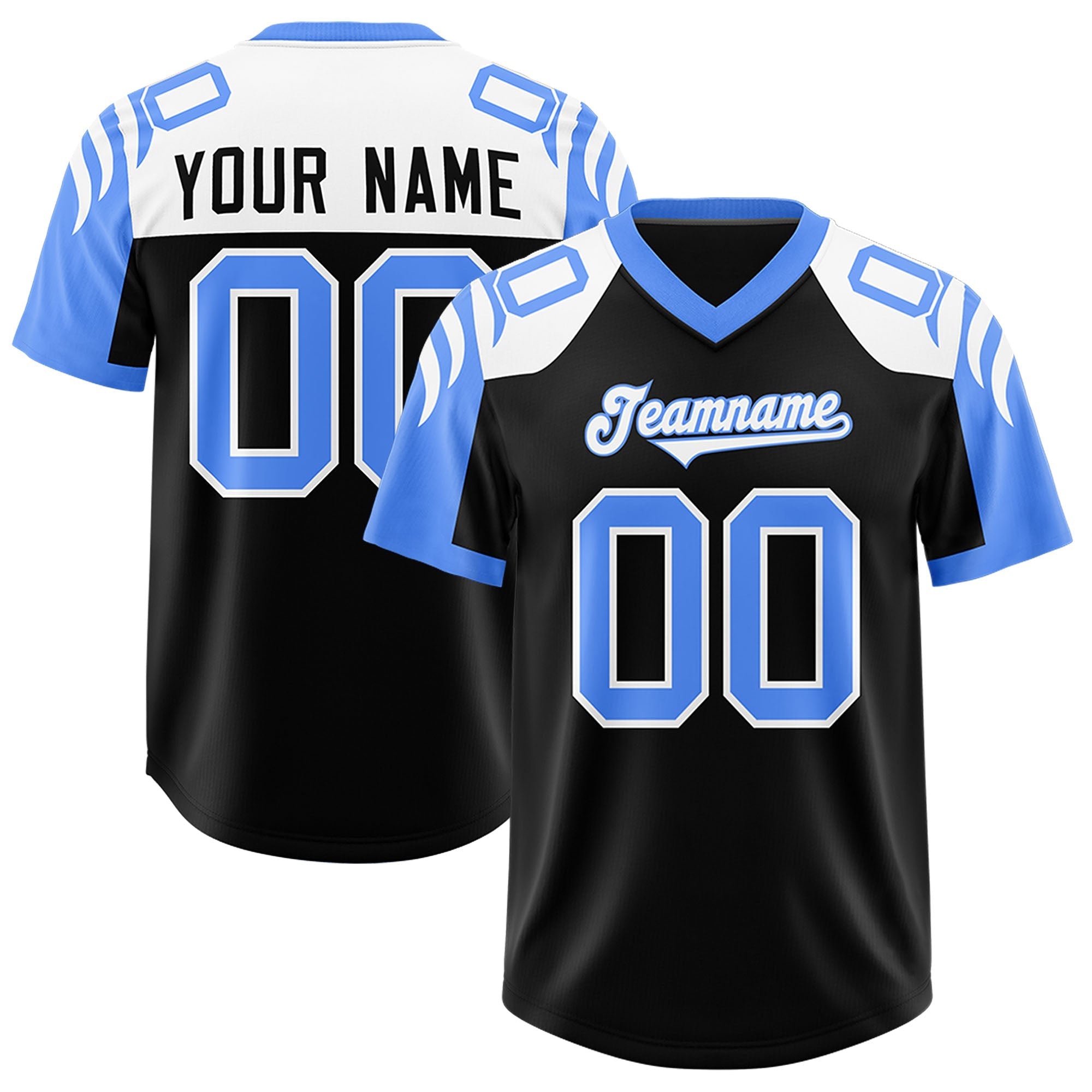 Custom Black Powder Blue Raglan Sleeves Personalized Pattern Authentic American Football Jersey