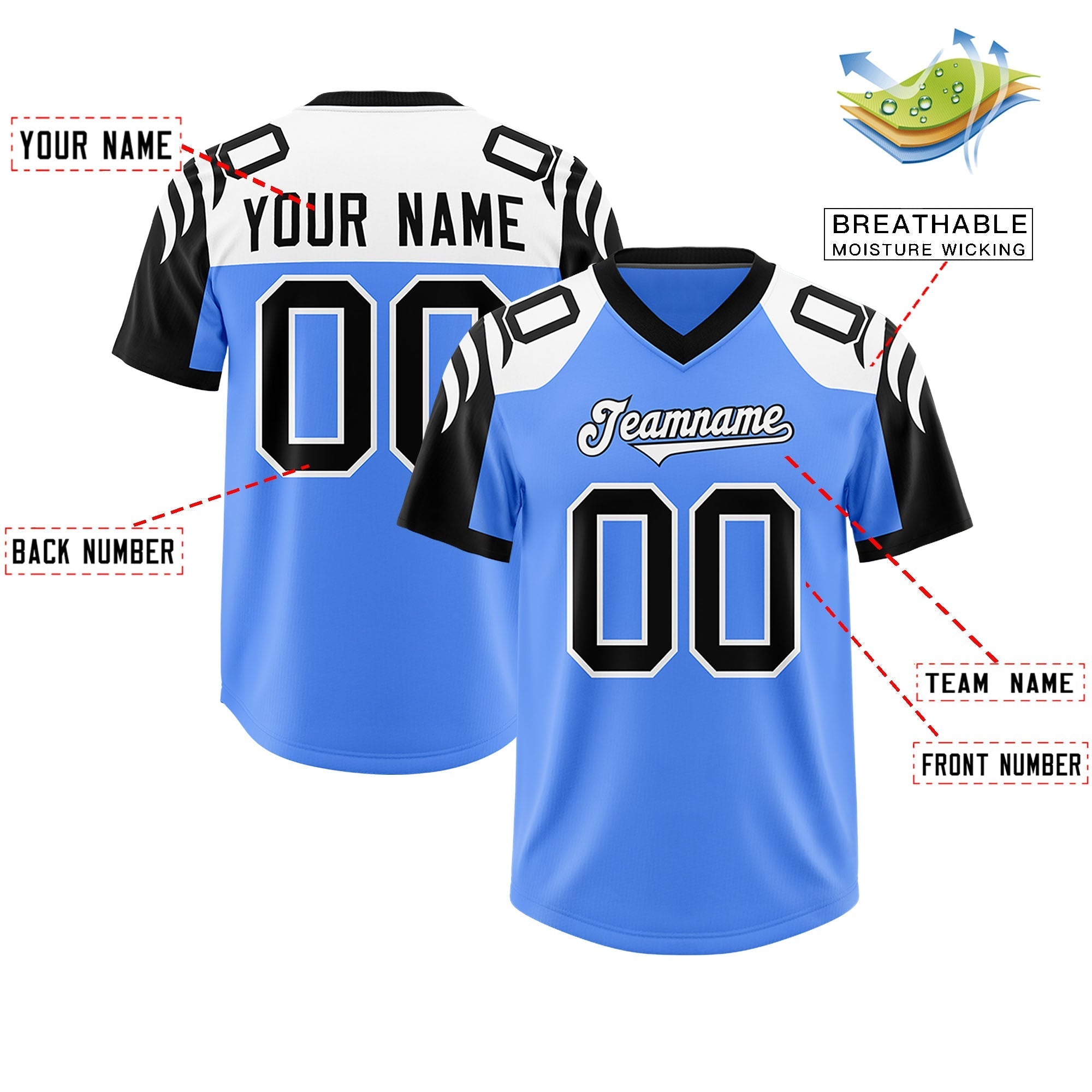 Custom Powder Blue Black Raglan Sleeves Personalized Pattern Authentic American Football Jersey
