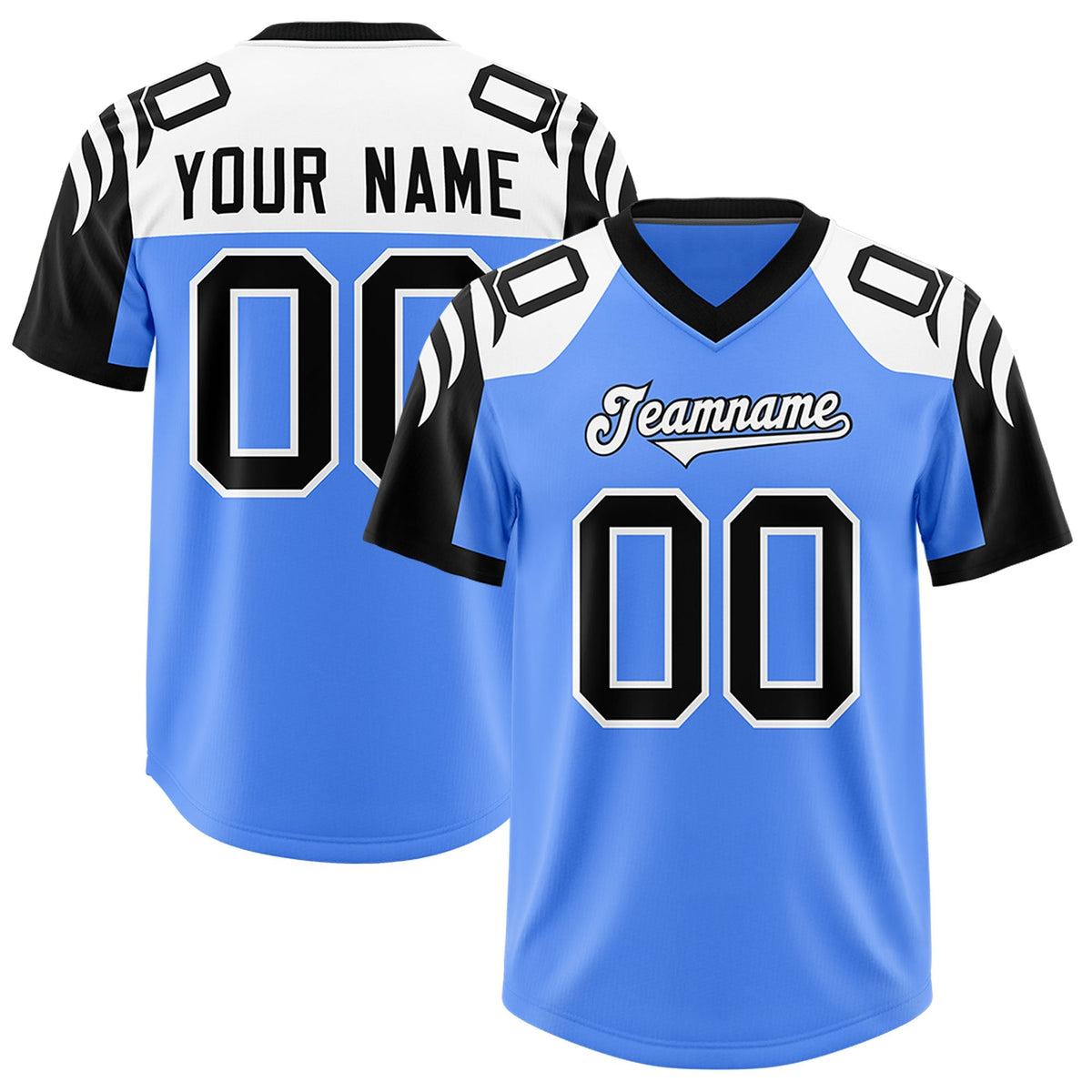Custom Powder Blue Black Raglan Sleeves Personalized Pattern Authentic American Football Jersey