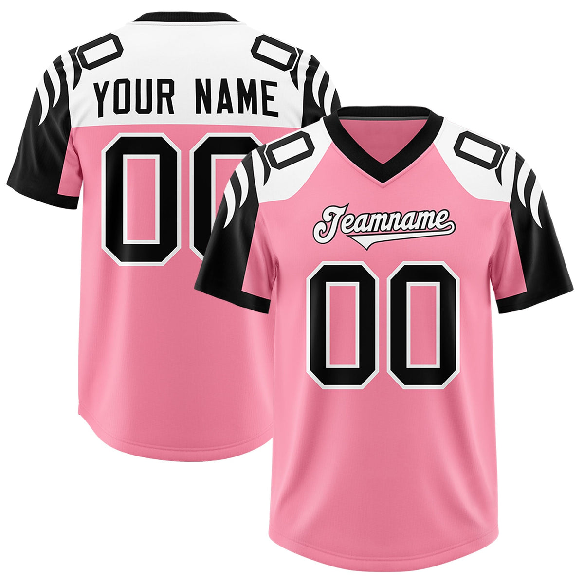 Custom Light Pink Black Raglan Sleeves Personalized Pattern Authentic American Football Jersey
